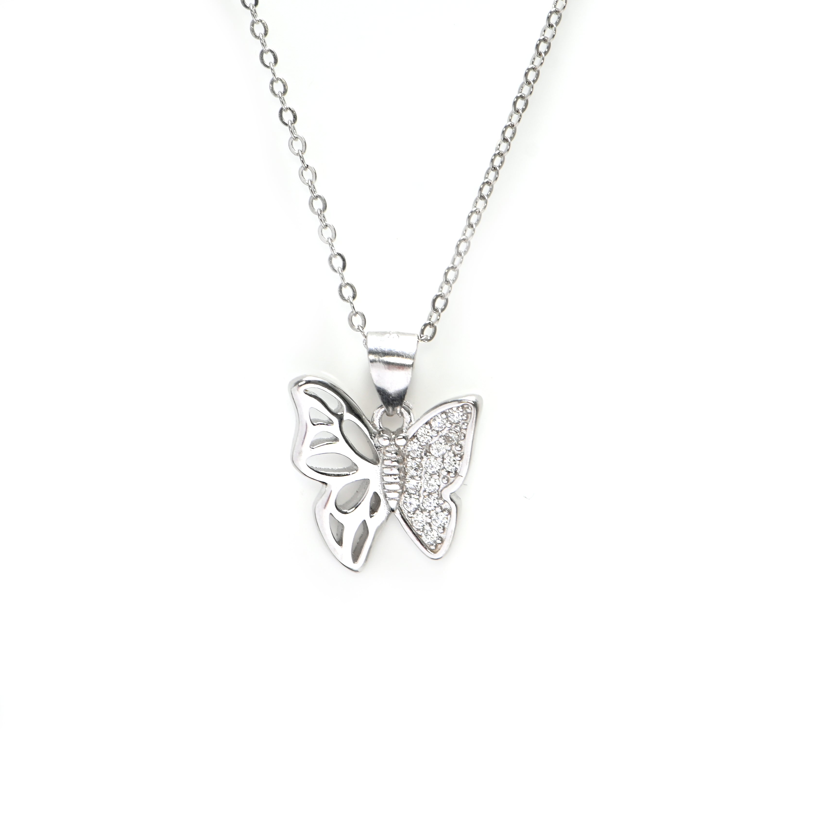 Butterfly 925 Silver CZ Pendant – Trendy Rhodium-Plated Sterling Silver Jewellery for Women