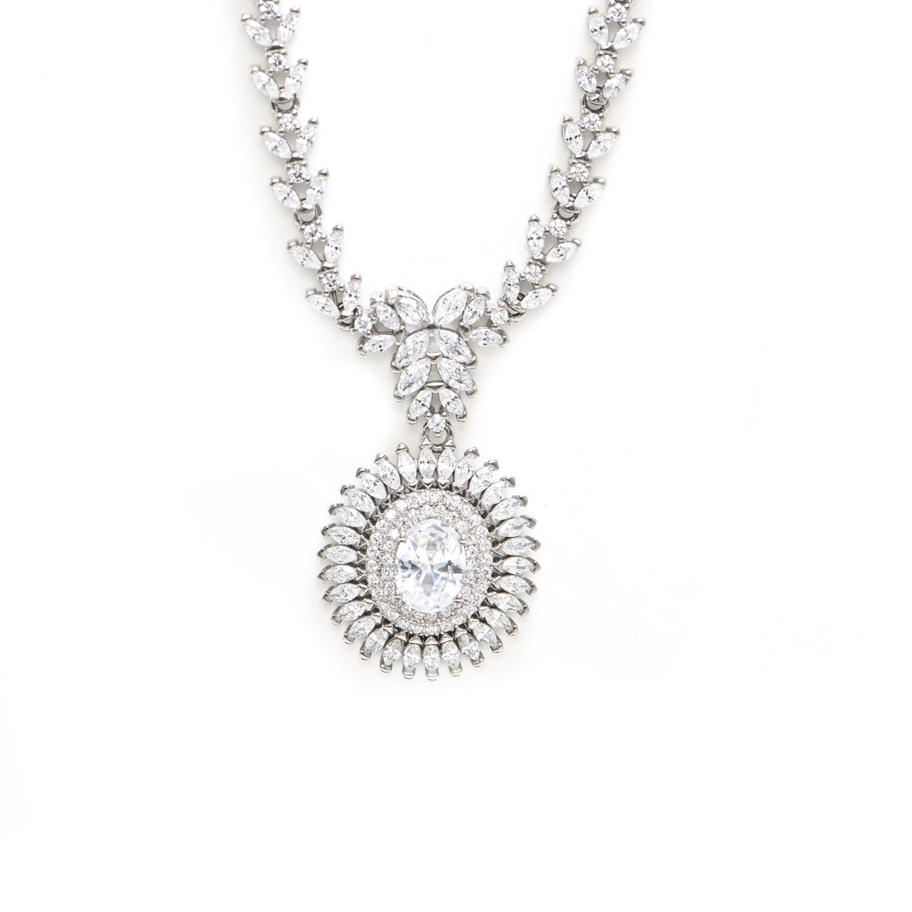 Statement 925 Sterling Silver Cubic Zirconia Necklace & Earrings Set Party Wear