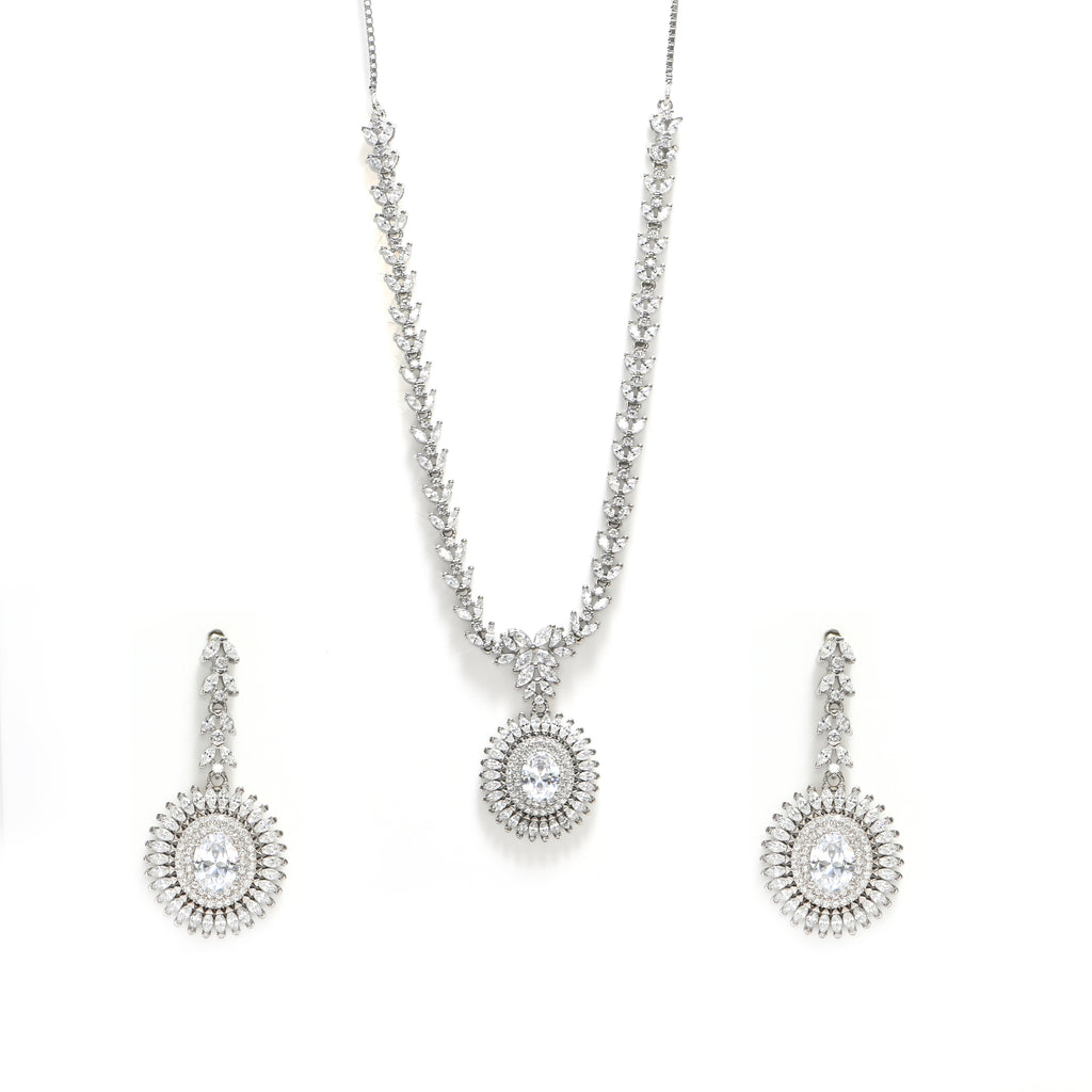 Statement 925 Sterling Silver Cubic Zirconia Necklace & Earrings Set Party Wear
