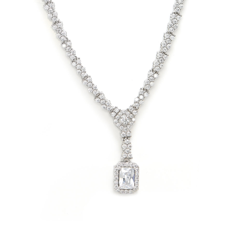 Elegant 925 Sterling Silver Cubic Zirconia Necklace & Earrings Set Party Wear