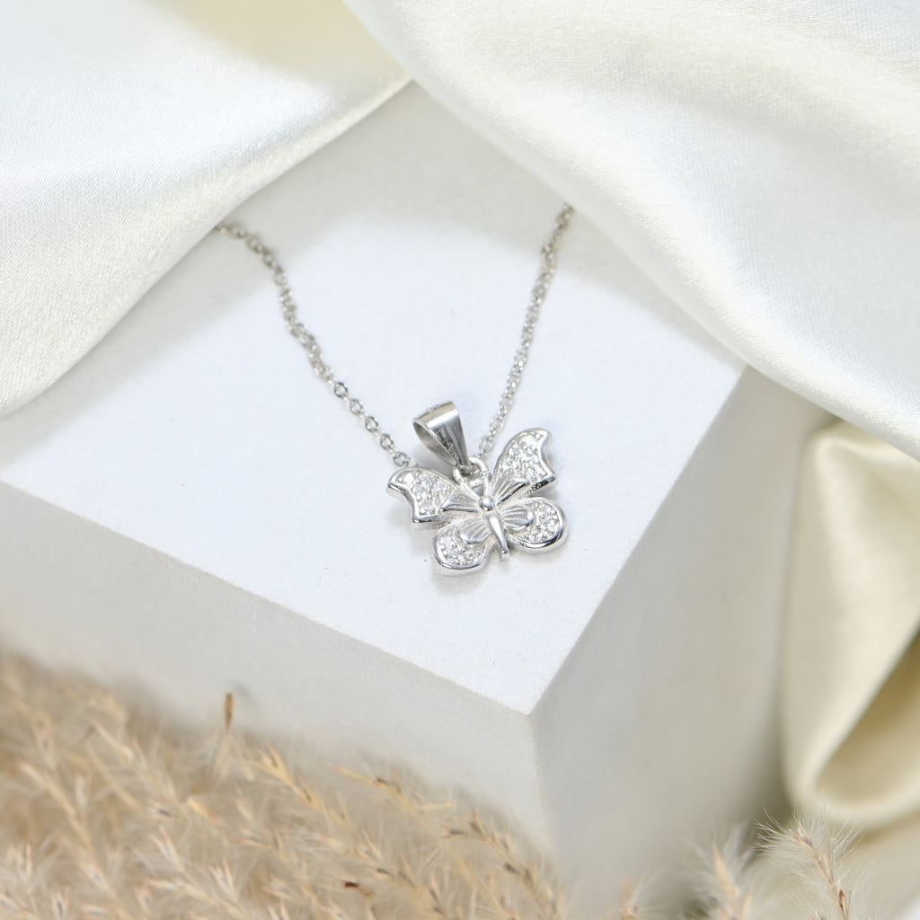 Butterfly 925 Sterling Silver Pendant for Women with Sparkling CZ – Rhodium-Plated Fine Jewellery