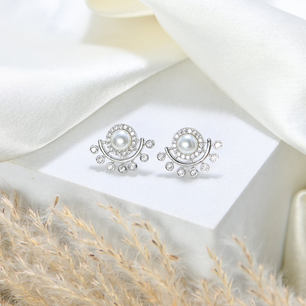 925 Sterling Silver Round Brilliant Cubic Zirconia & Pearl Earrings with Rhodium Finish