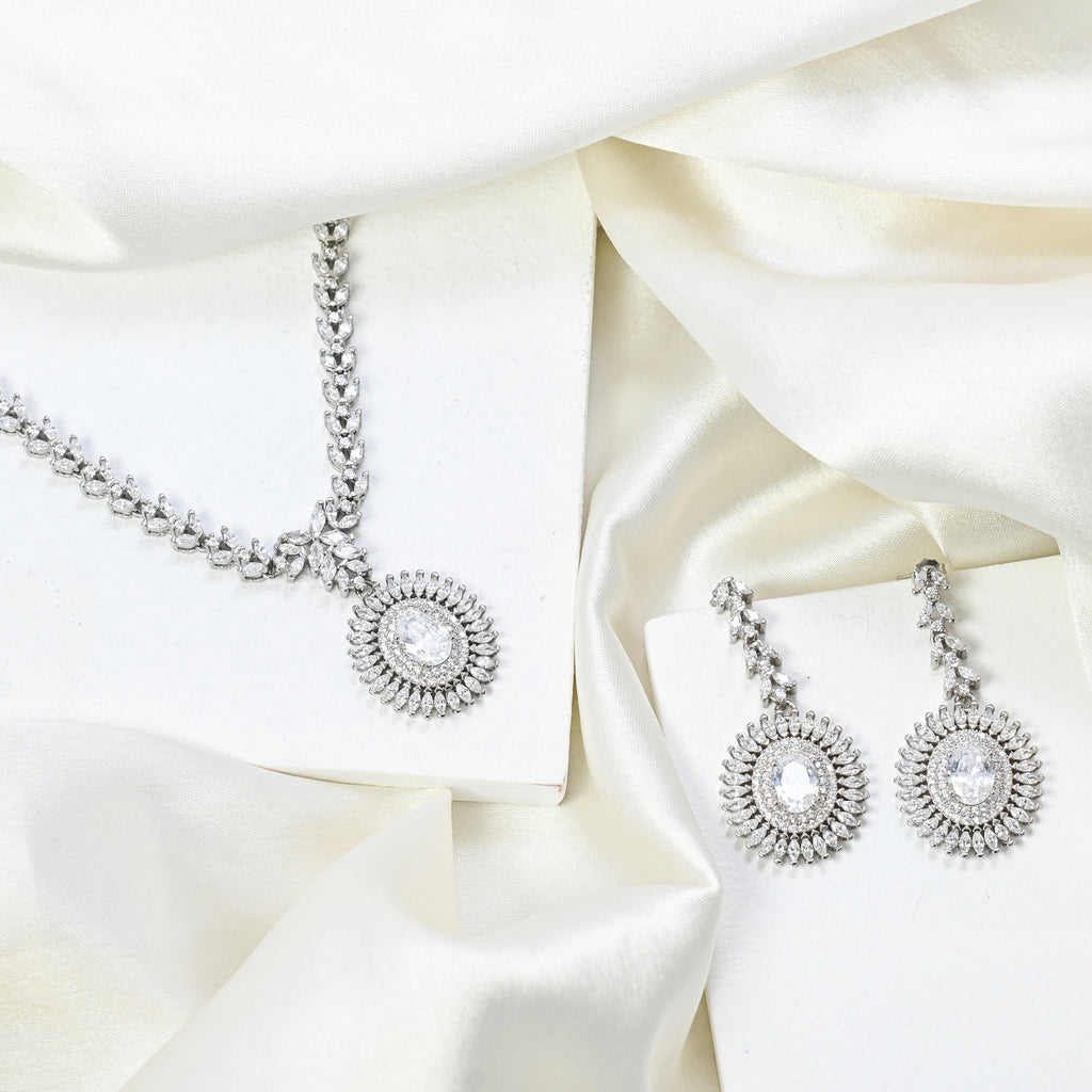 Statement 925 Sterling Silver Cubic Zirconia Necklace & Earrings Set Party Wear