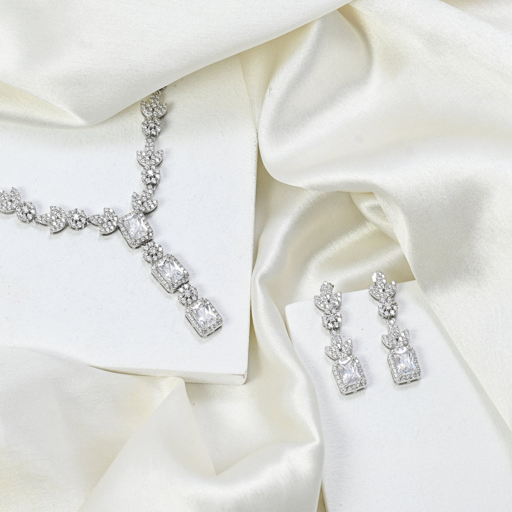 925 Sterling Silver Cubic Zirconia Necklace & Earrings Set for Women Minimalist Jewellery