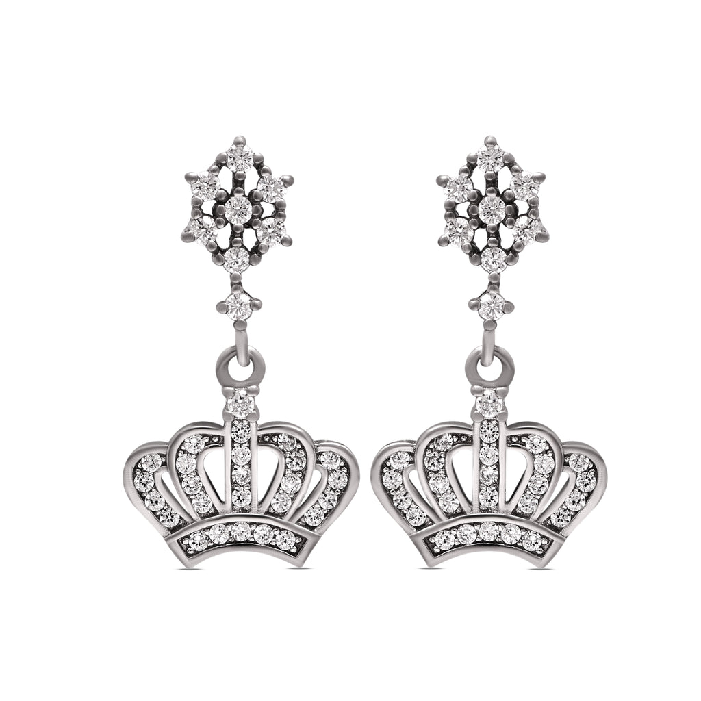 925 Sterling Silver Crown Dangle Earrings | Cubic Zirconia Round Brilliant Cut