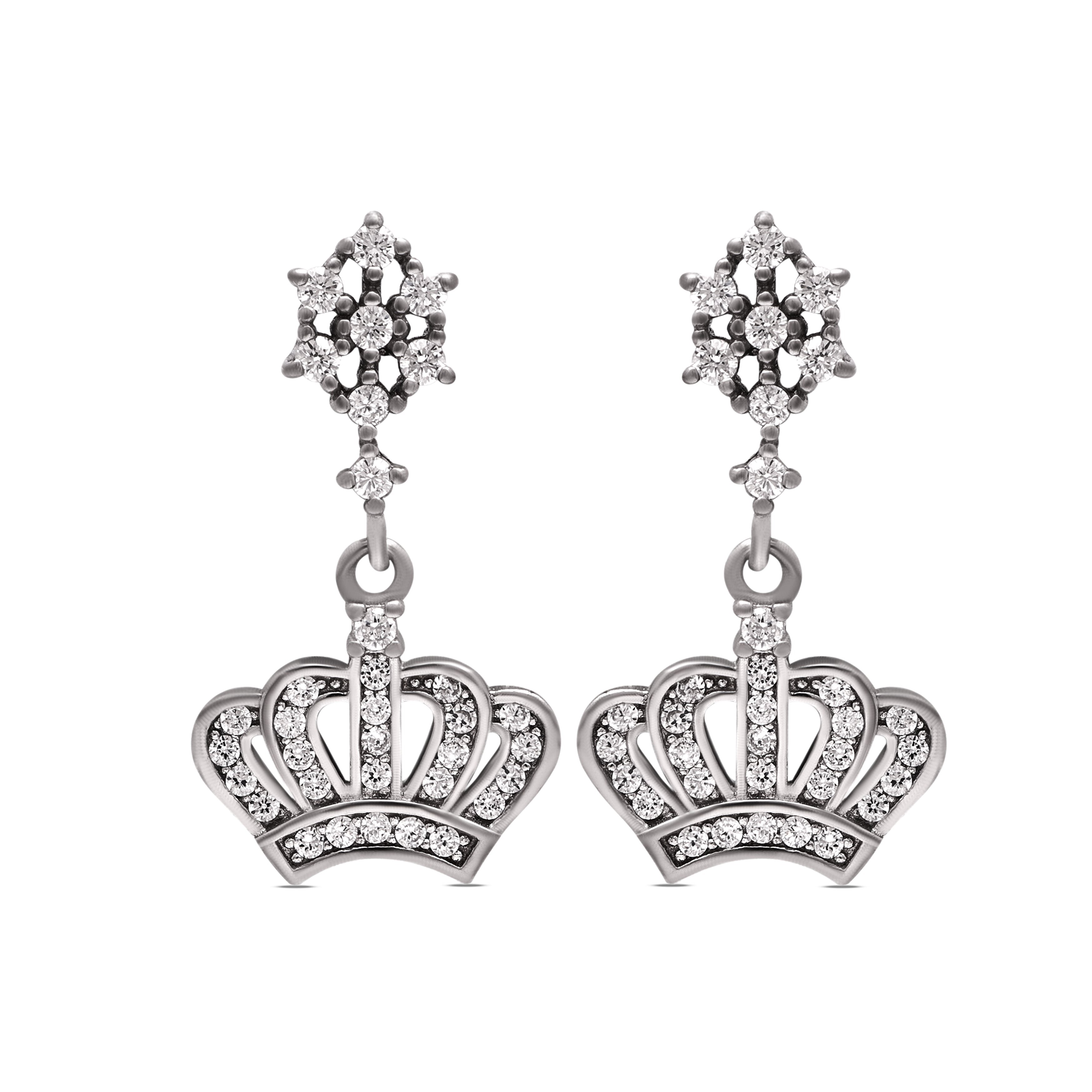 925 Sterling Silver Crown Dangle Earrings | Cubic Zirconia Round Brilliant Cut
