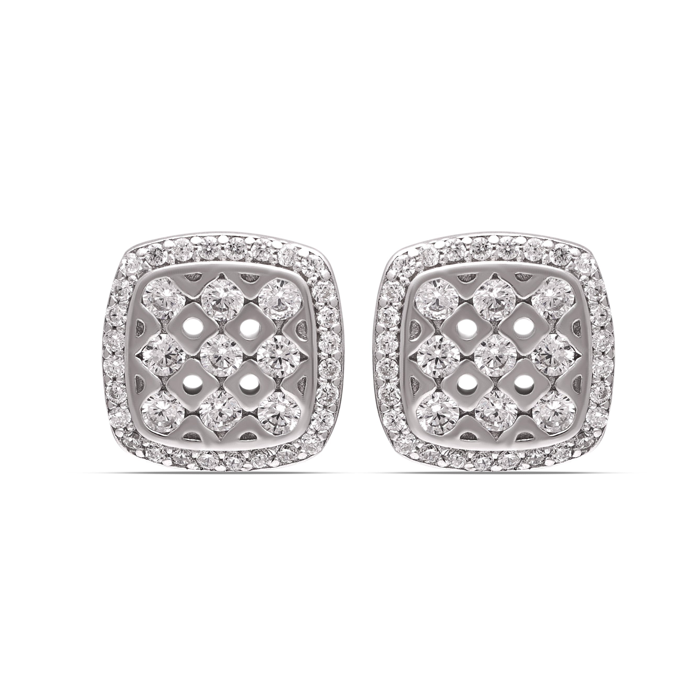 925 Sterling Silver Square Stud Earrings ~Halo CZ Earrings for Women