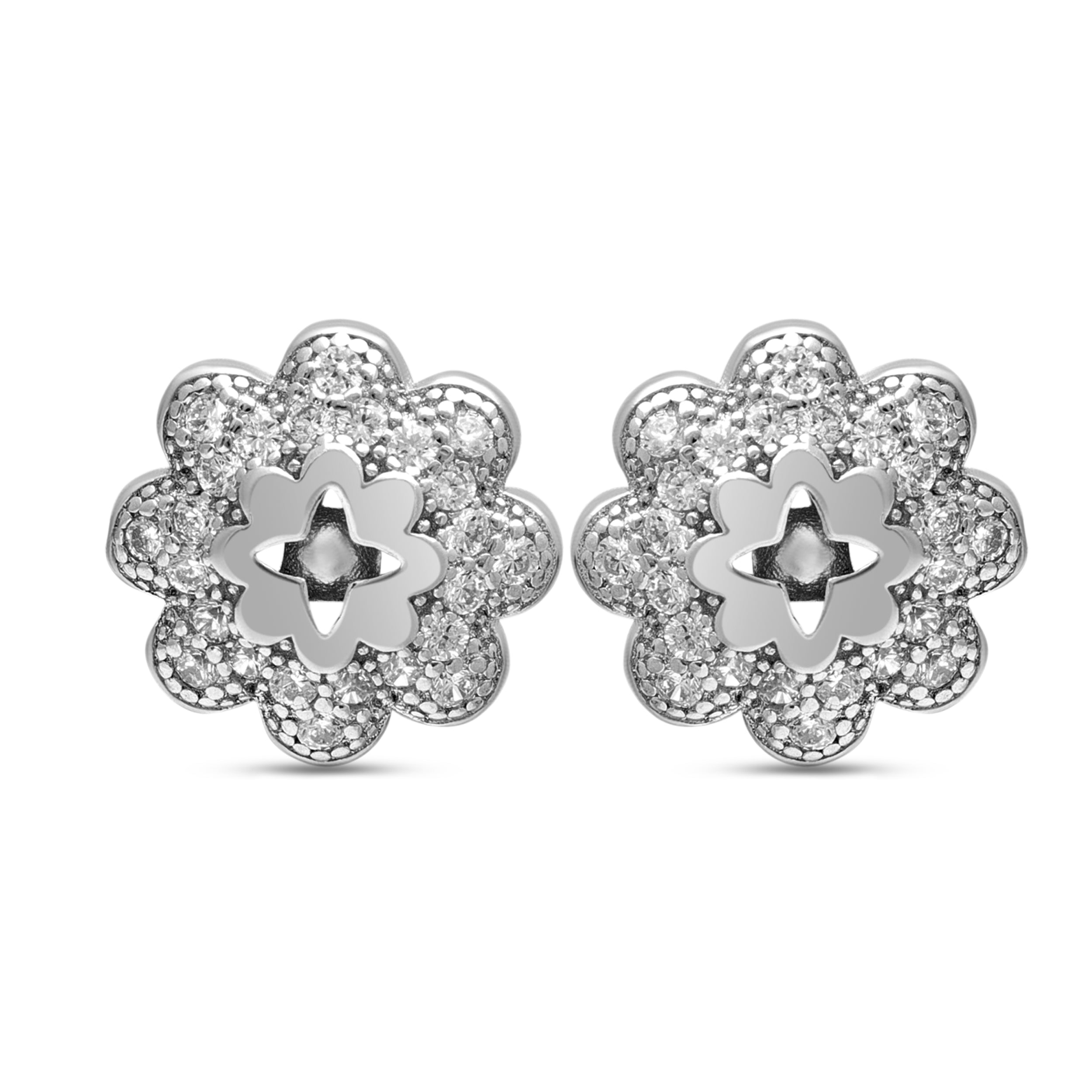 Floral Stud CZ Earrings in 925 Sterling Silver -Statement Studs