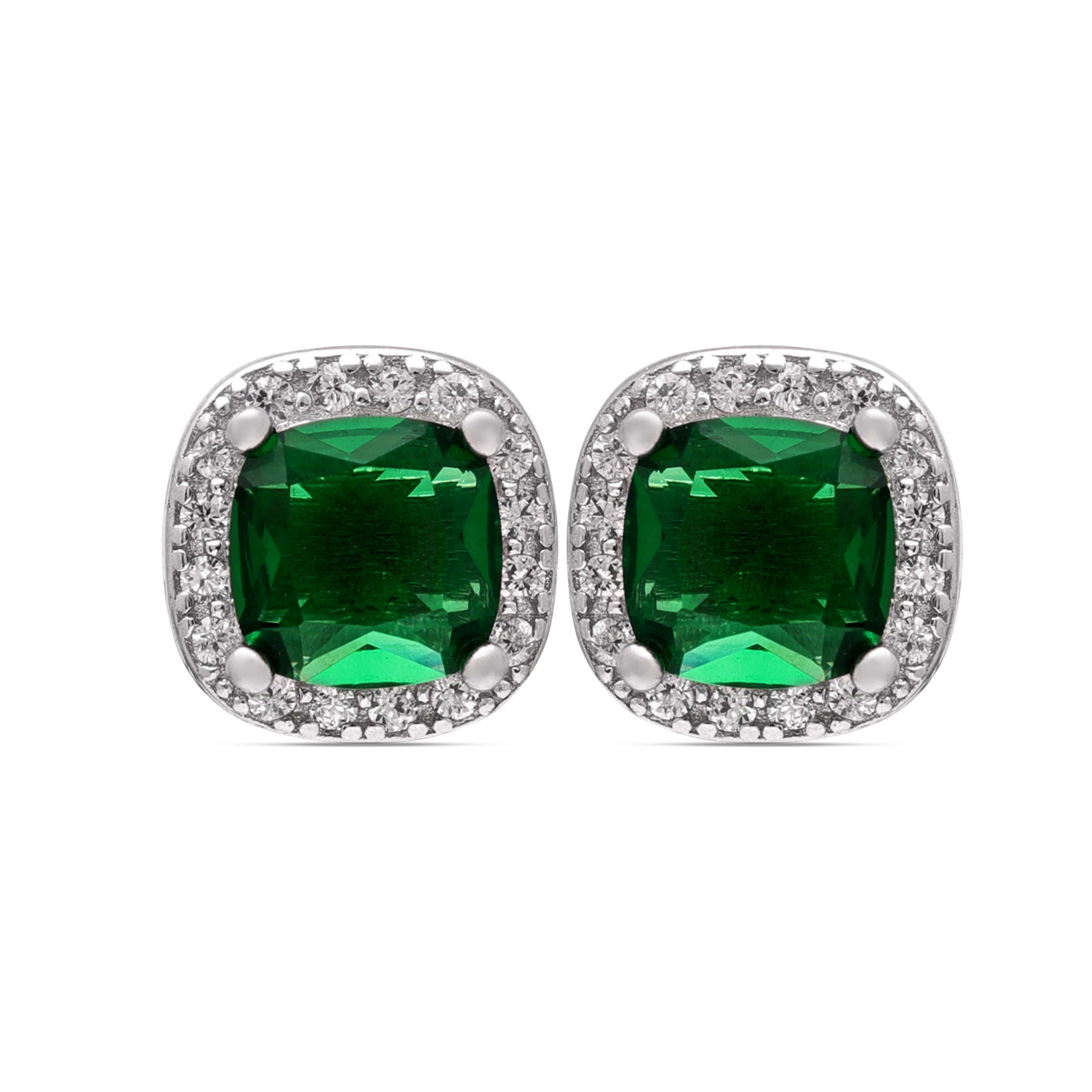 925 Sterling Silver Emerald Green Princess Cut Square Stud Earrings