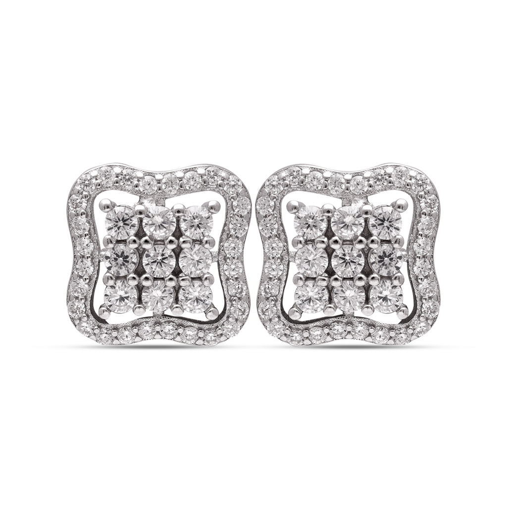 925 Sterling Silver Cluster Stud Earrings | Wavy Square Halo Earrings