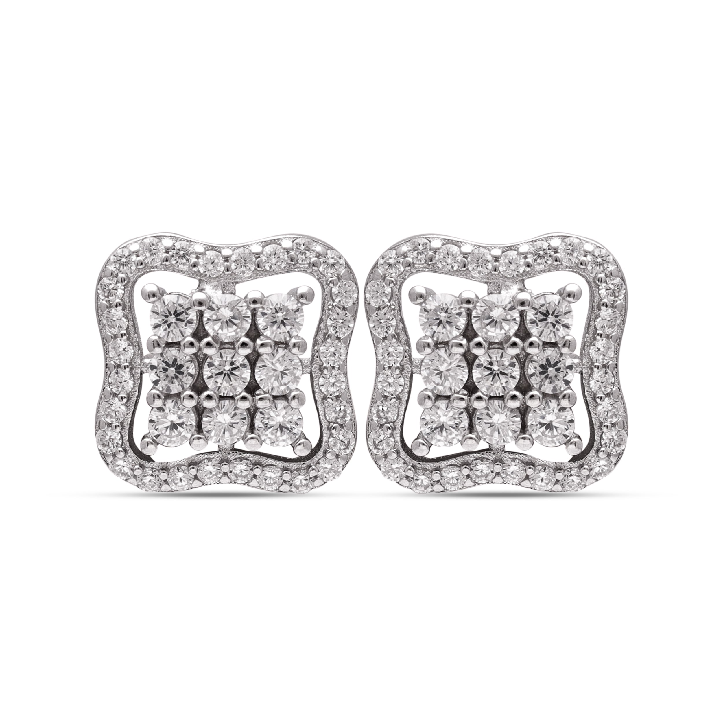 925 Sterling Silver Cluster Stud Earrings | Wavy Square Halo Earrings