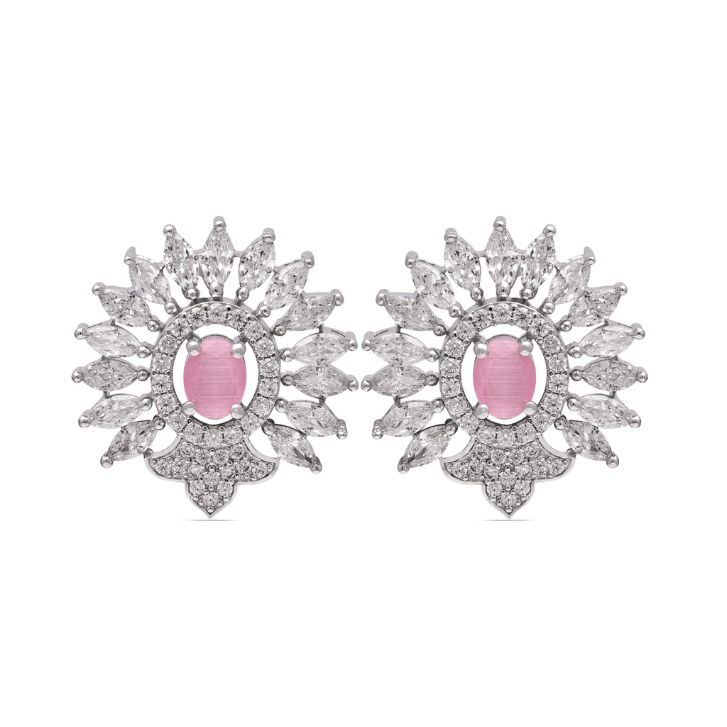 925 Sterling Silver Pink Oval Stud Earrings | Statement Cubic Zirconia Cluster Studs