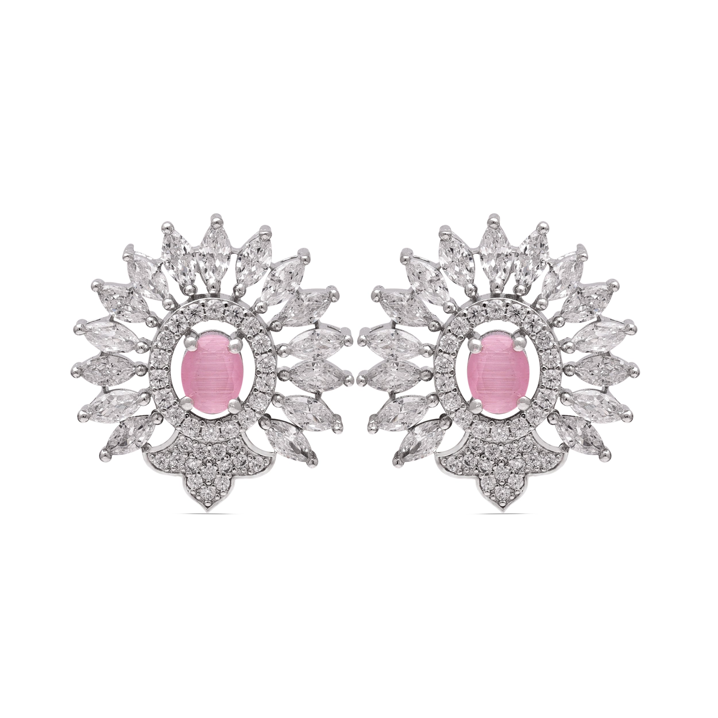925 Sterling Silver Pink Oval Stud Earrings | Statement Cubic Zirconia Cluster Studs