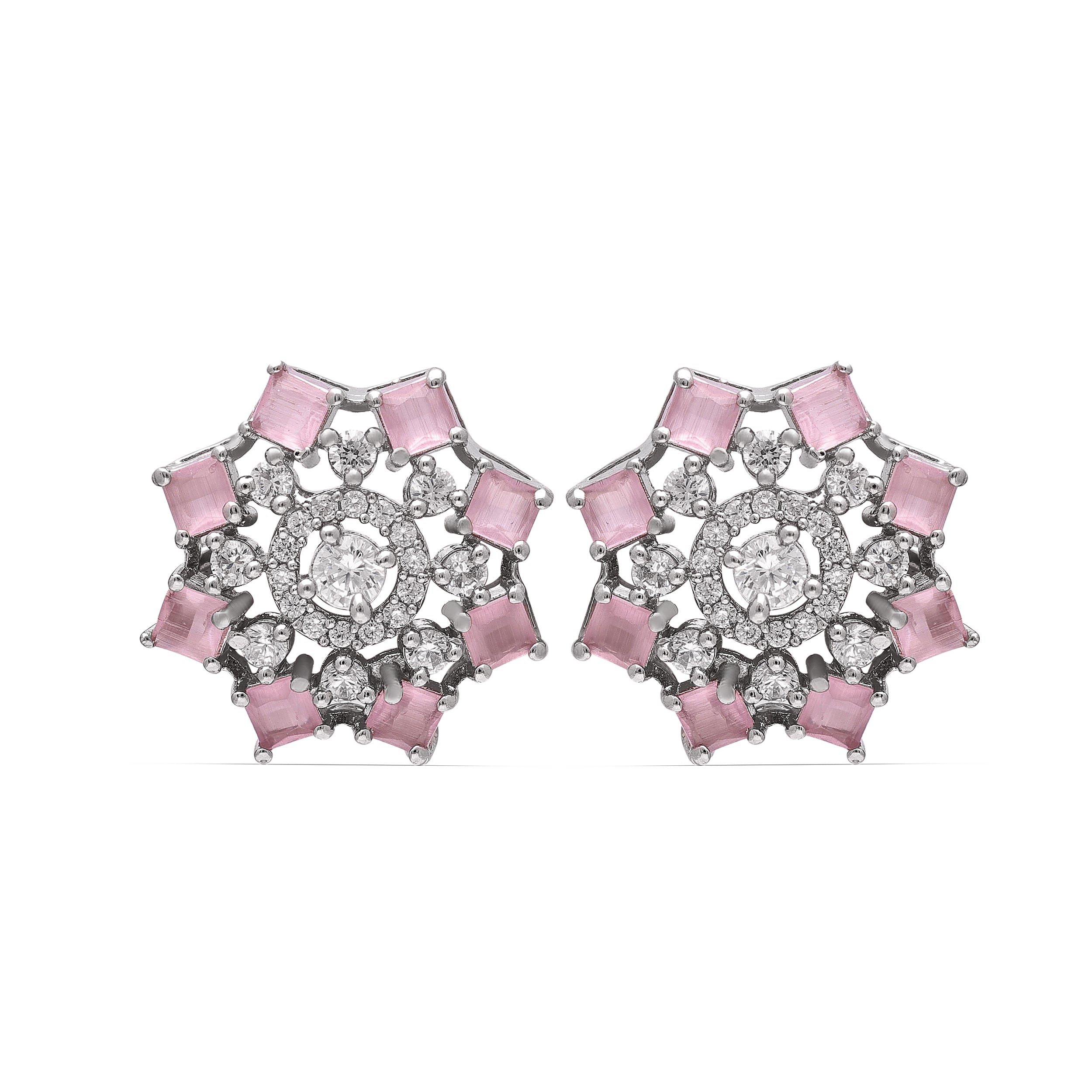 Pink Statement Floral Stud Earrings 925 Sterling Silver CZ | Round Princess Cut