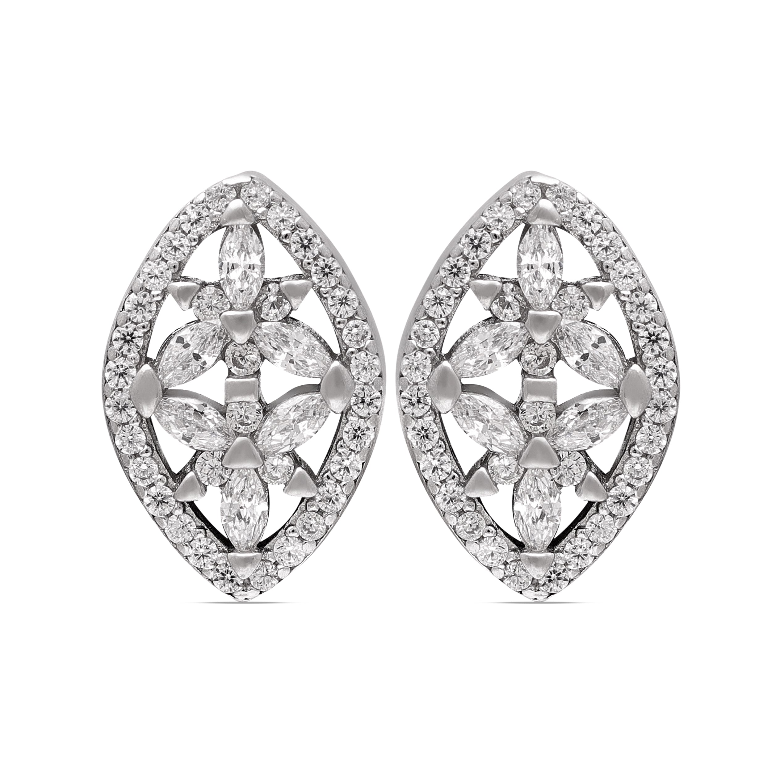 925 Sterling Silver Marquise Stud Earrings | CZ Round Brilliant Studs