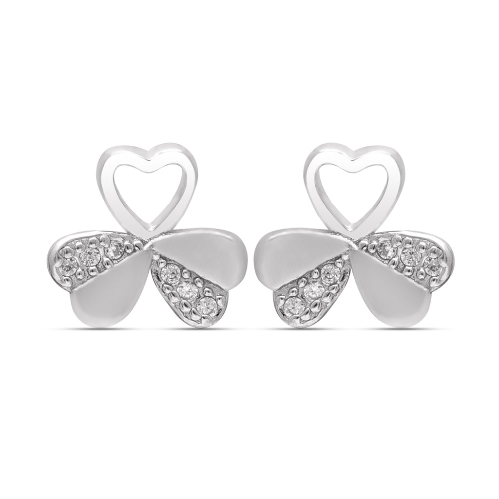 925 Sterling Silver Heart Clover Earrings | CZ Studs | Lucky Charm Gift