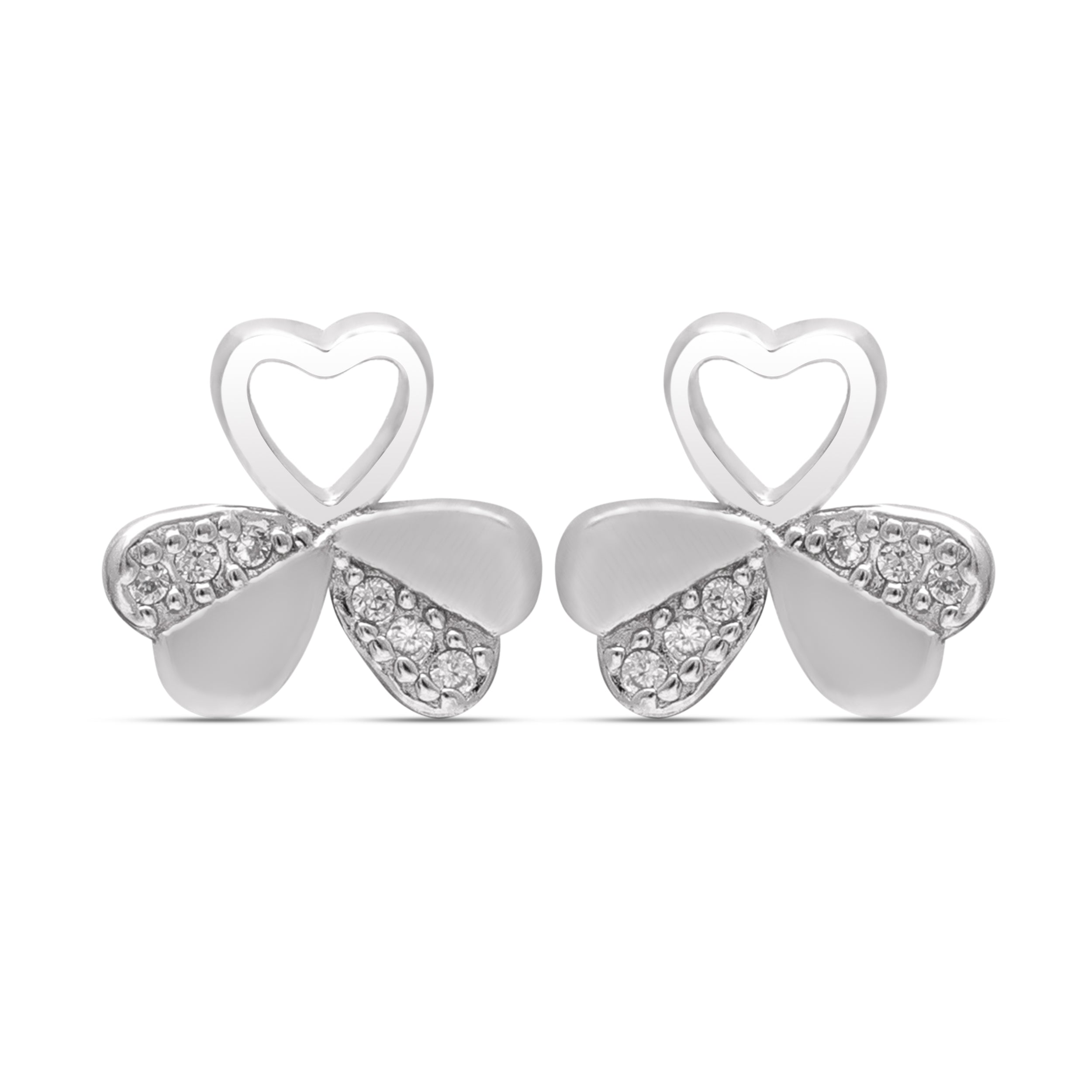 925 Sterling Silver Heart Clover Earrings | CZ Studs | Lucky Charm Gift