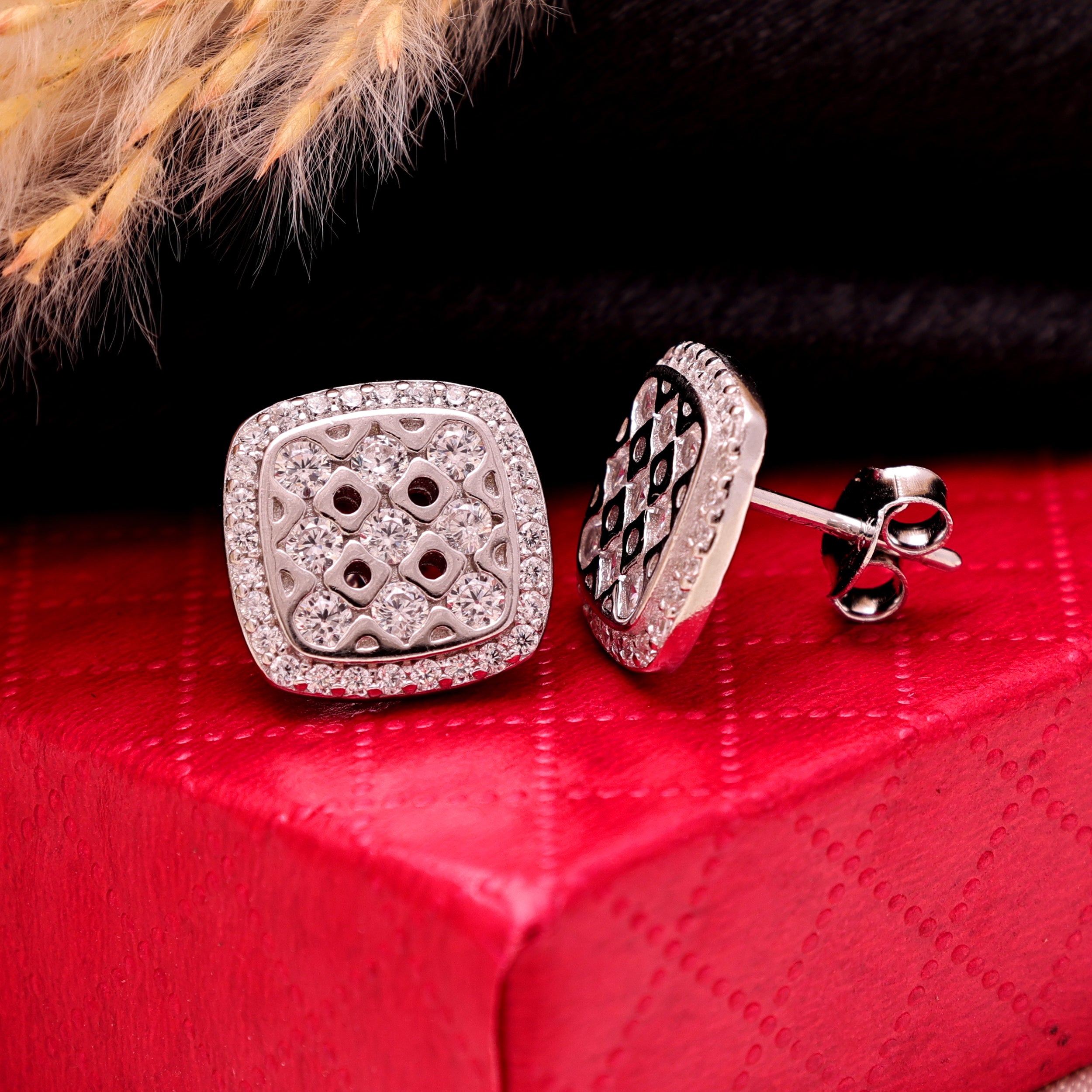 925 Sterling Silver Square Stud Earrings ~Halo CZ Earrings for Women