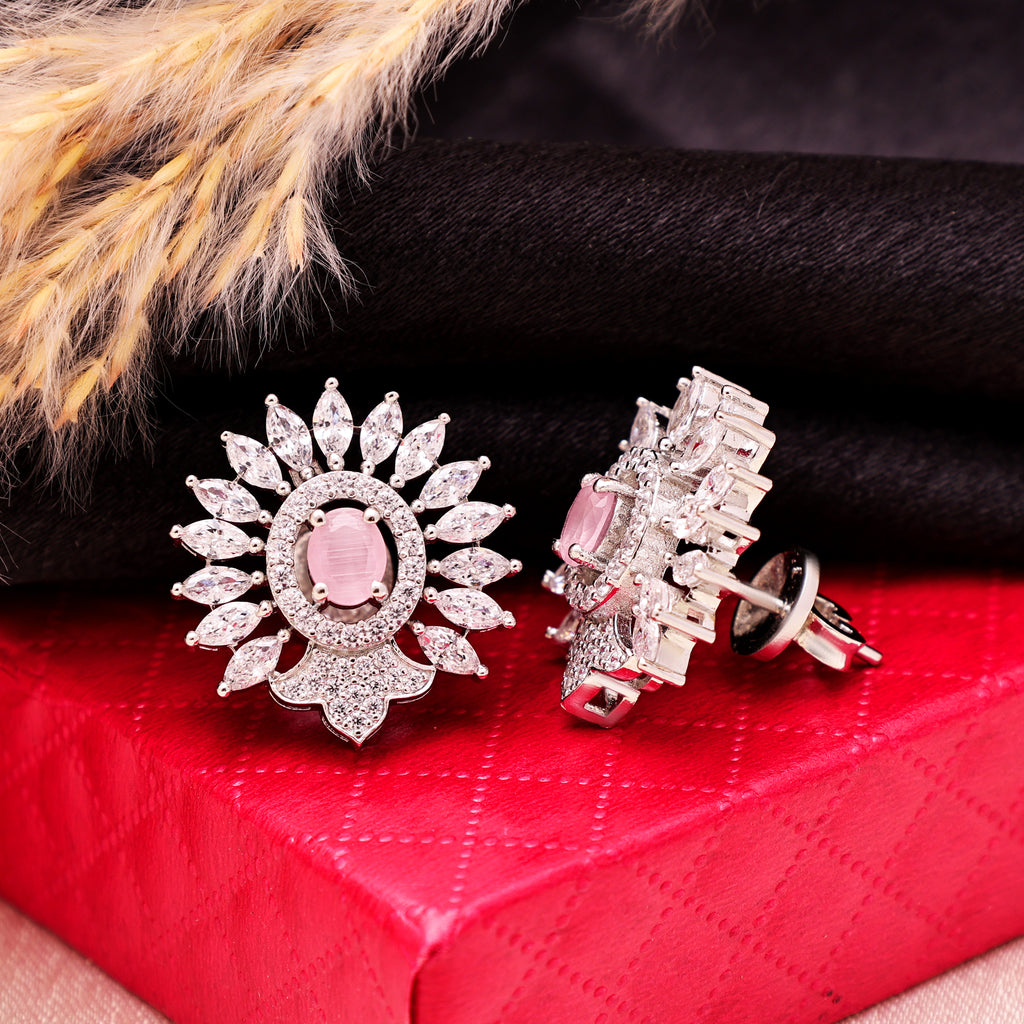 925 Sterling Silver Pink Oval Stud Earrings | Statement Cubic Zirconia Cluster Studs