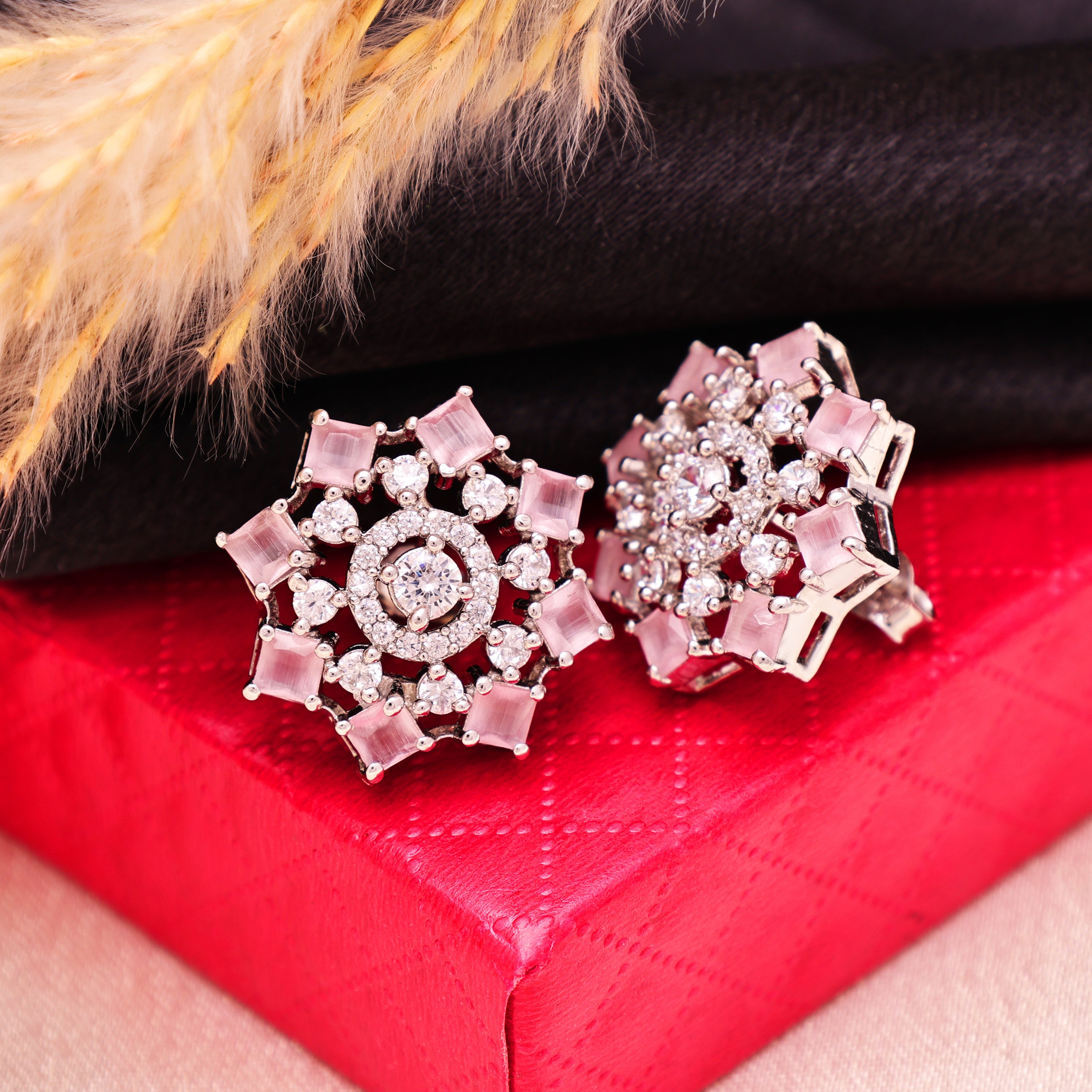 Pink Statement Floral Stud Earrings 925 Sterling Silver CZ | Round Princess Cut