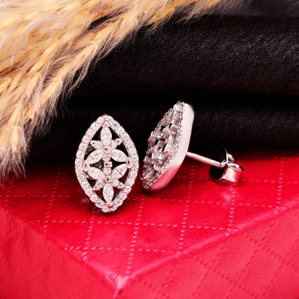 925 Sterling Silver Marquise Stud Earrings | CZ Round Brilliant Studs
