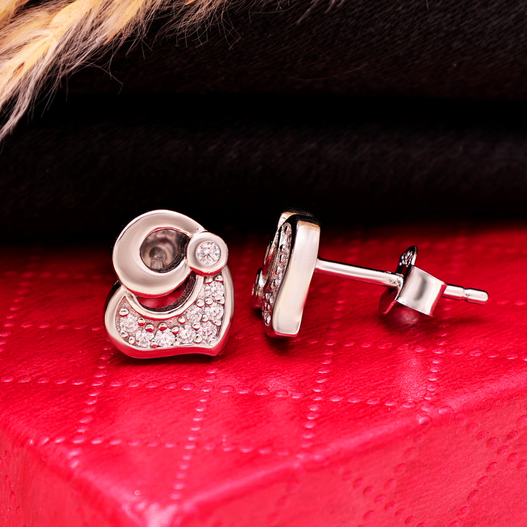 925 Sterling Silver Heart Stud Earrings | Cubic Zirconia Round Cut Studs