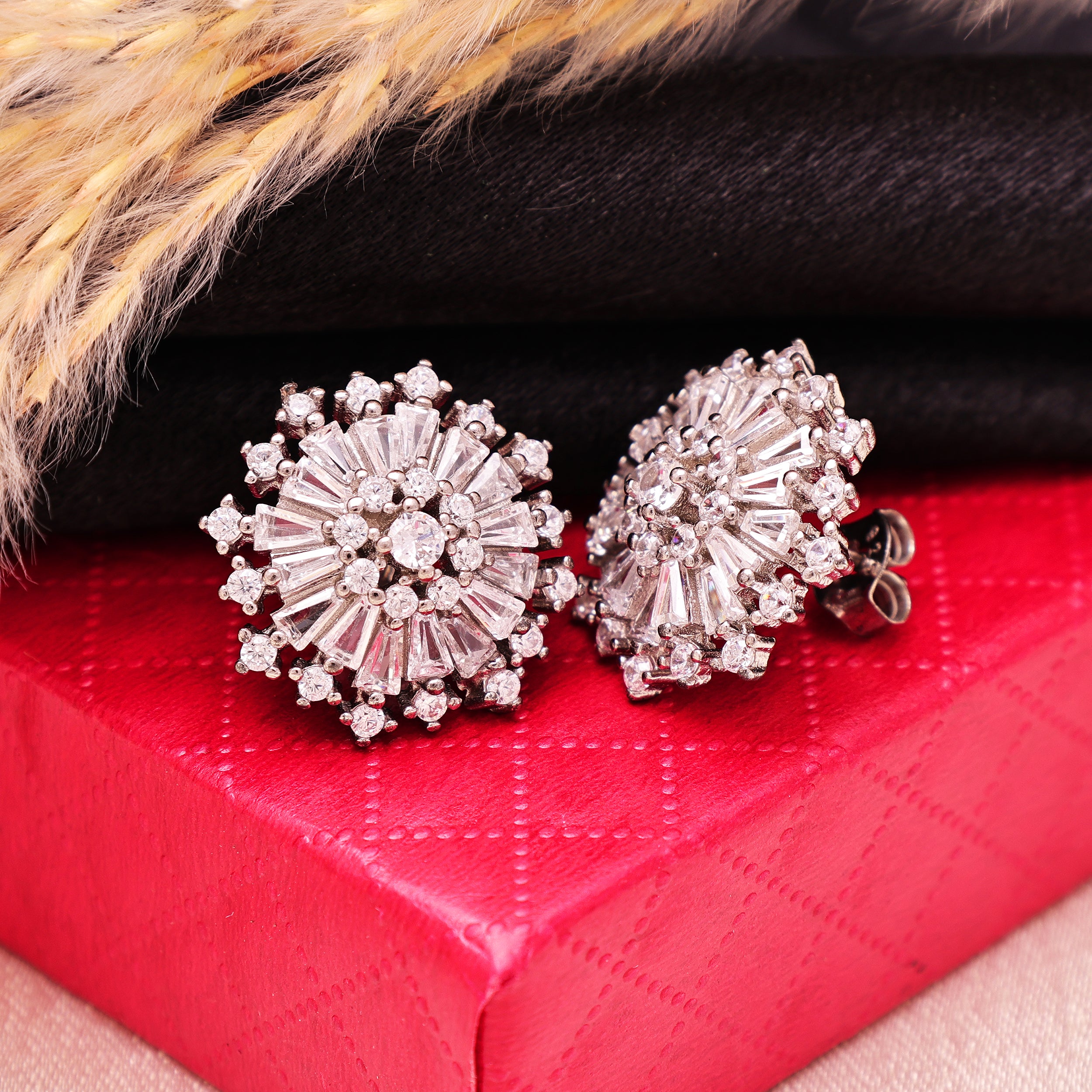 Radiant Burst Stud Earrings In 925 Sterling Silver ~Statement Cluster Earring