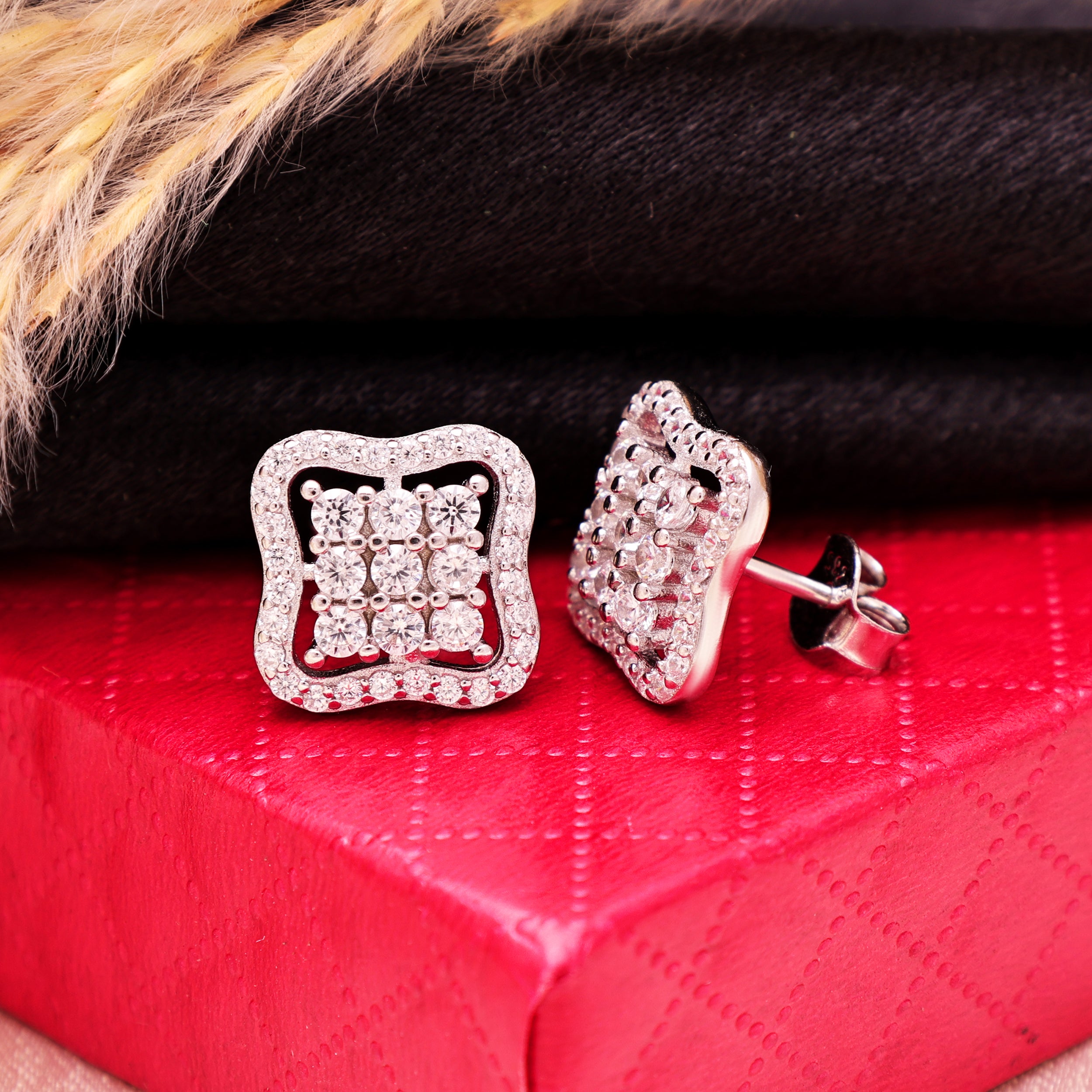 925 Sterling Silver Cluster Stud Earrings | Wavy Square Halo Earrings