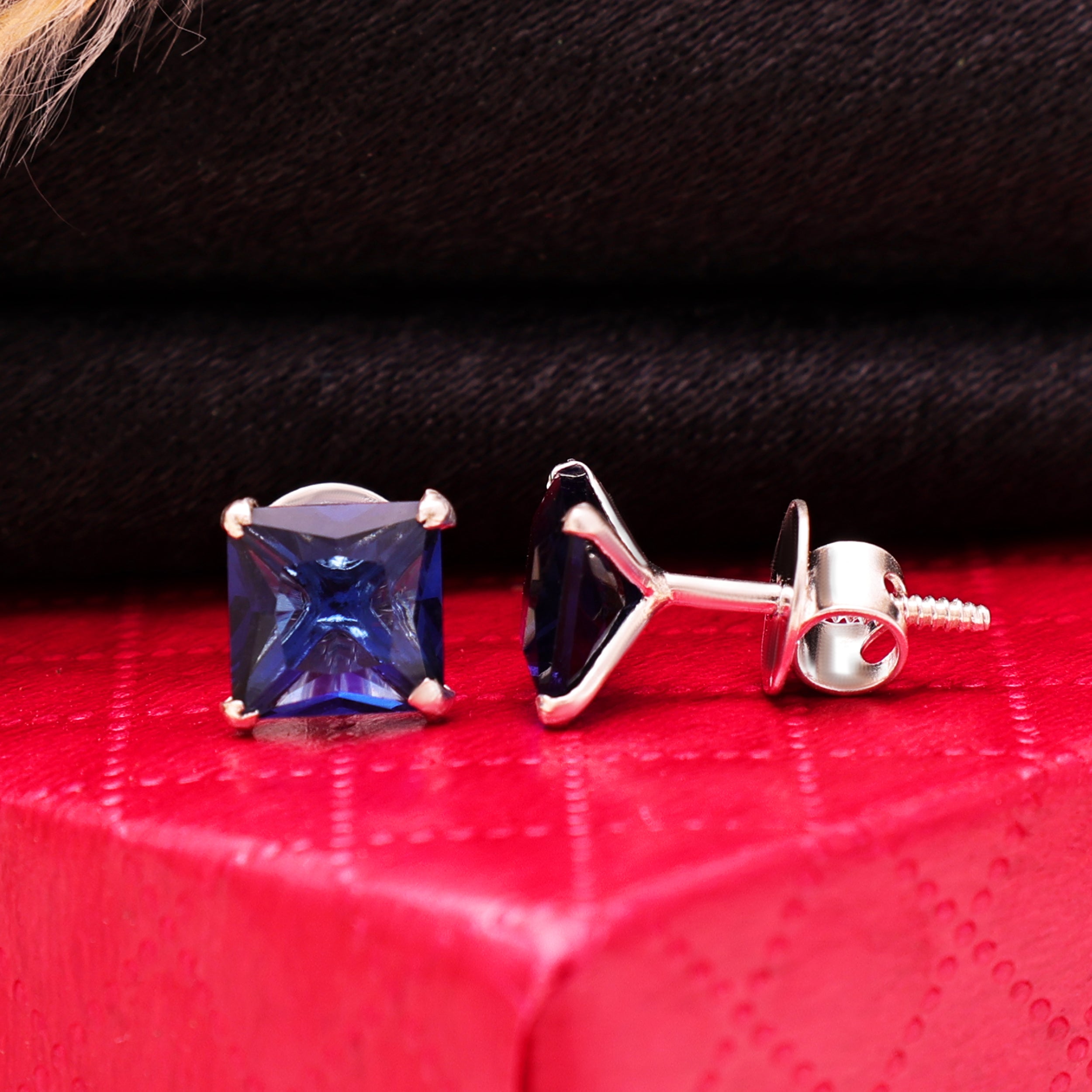 925 Sterling Silver Princess Cut Blue Cubic Zirconia Stud Earrings