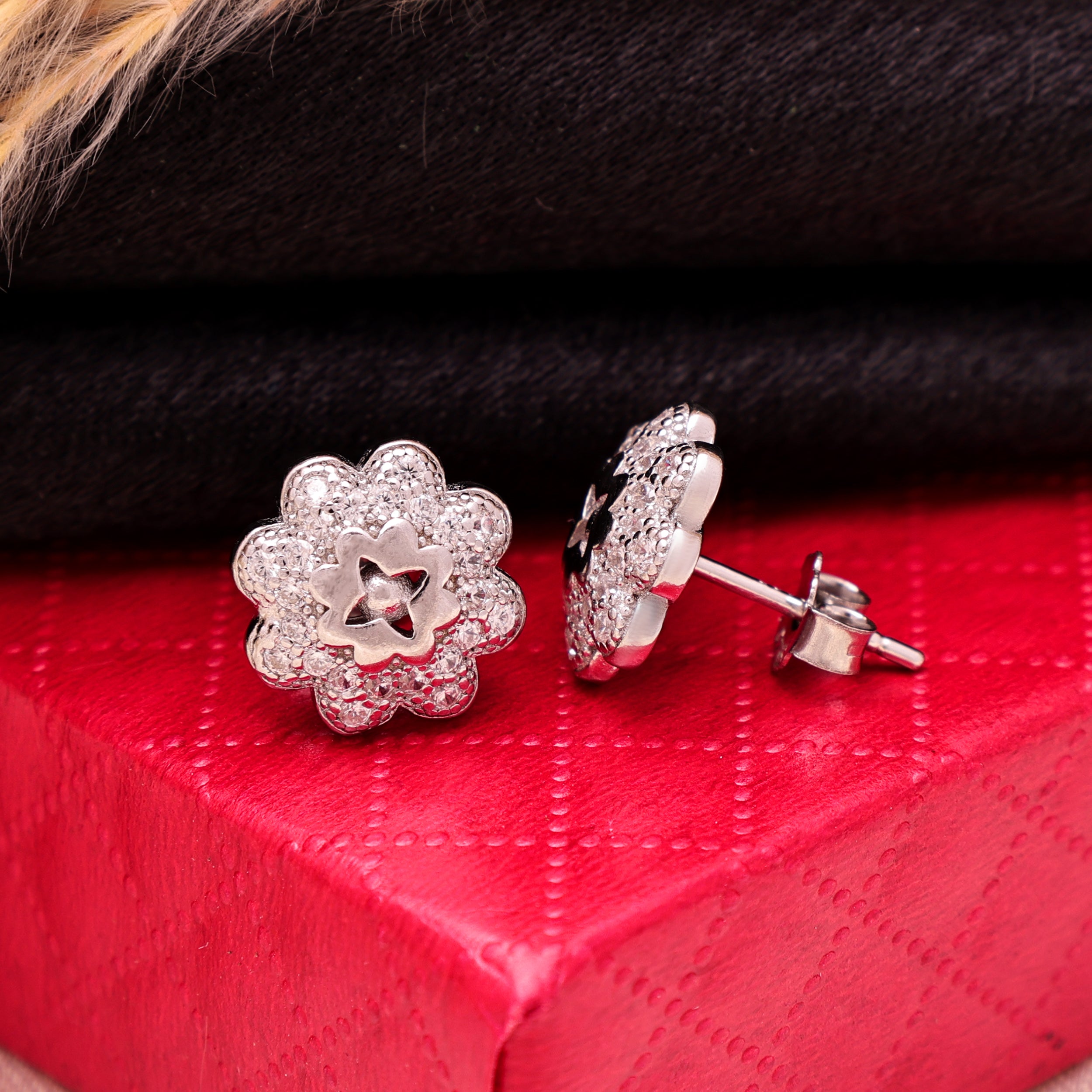 Floral Stud CZ Earrings in 925 Sterling Silver -Statement Studs