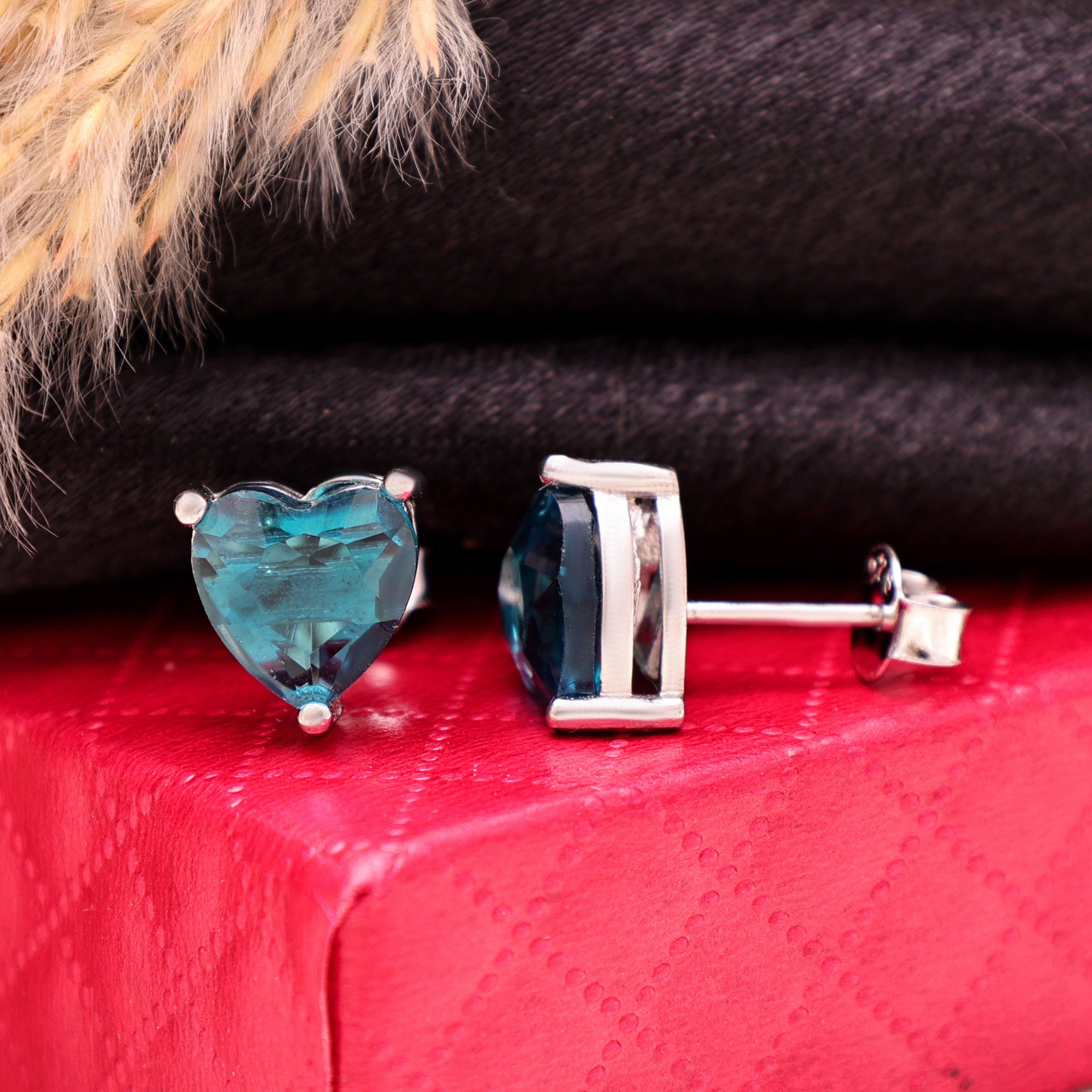 925 Sterling Silver Heart Stud Earrings | Teal Blue Cubic Zirconia Studs