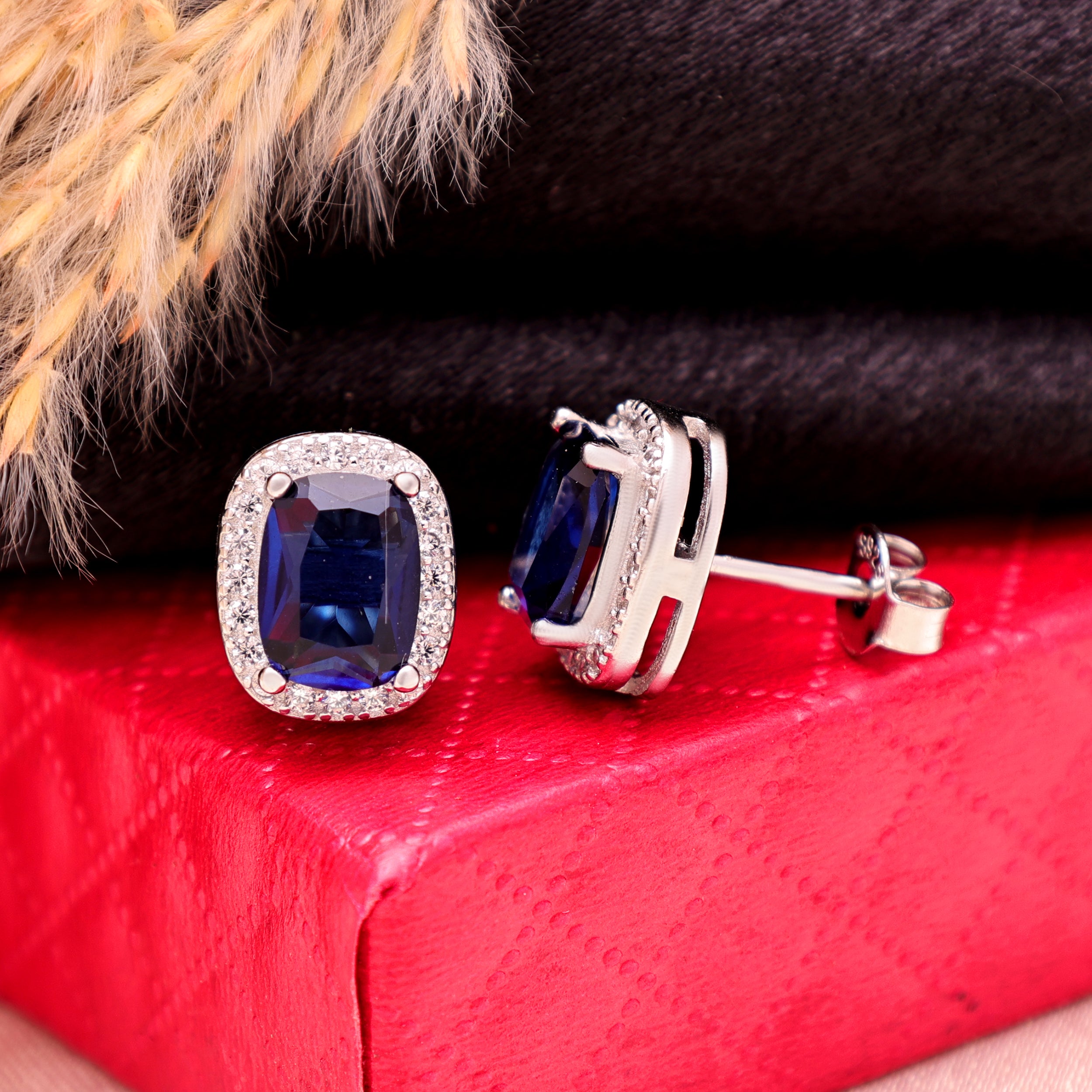 925 Sterling Silver Oval Blue Stud Earring | Cubic Zirconia Halo Studs