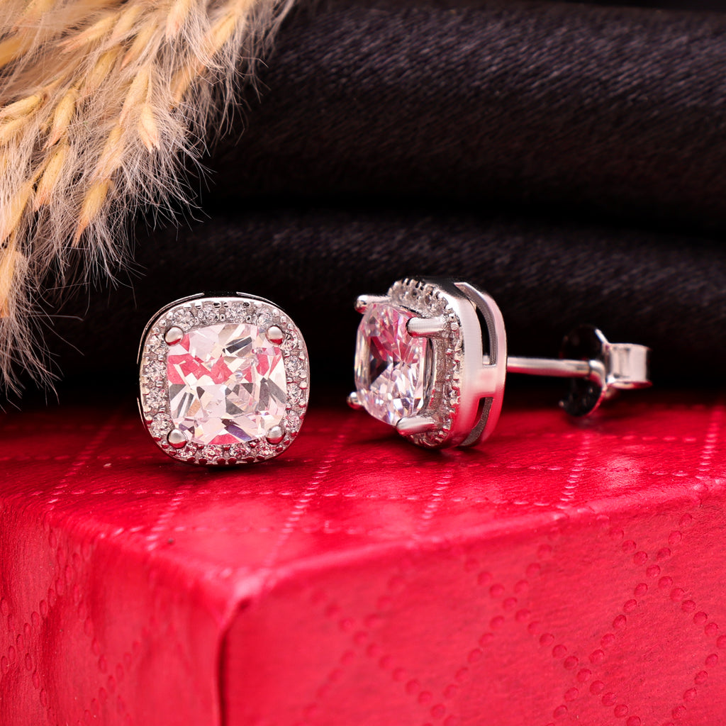 925 Sterling Silver Brilliant Round Cushion Cut Stud Earrings | Halo Earrings