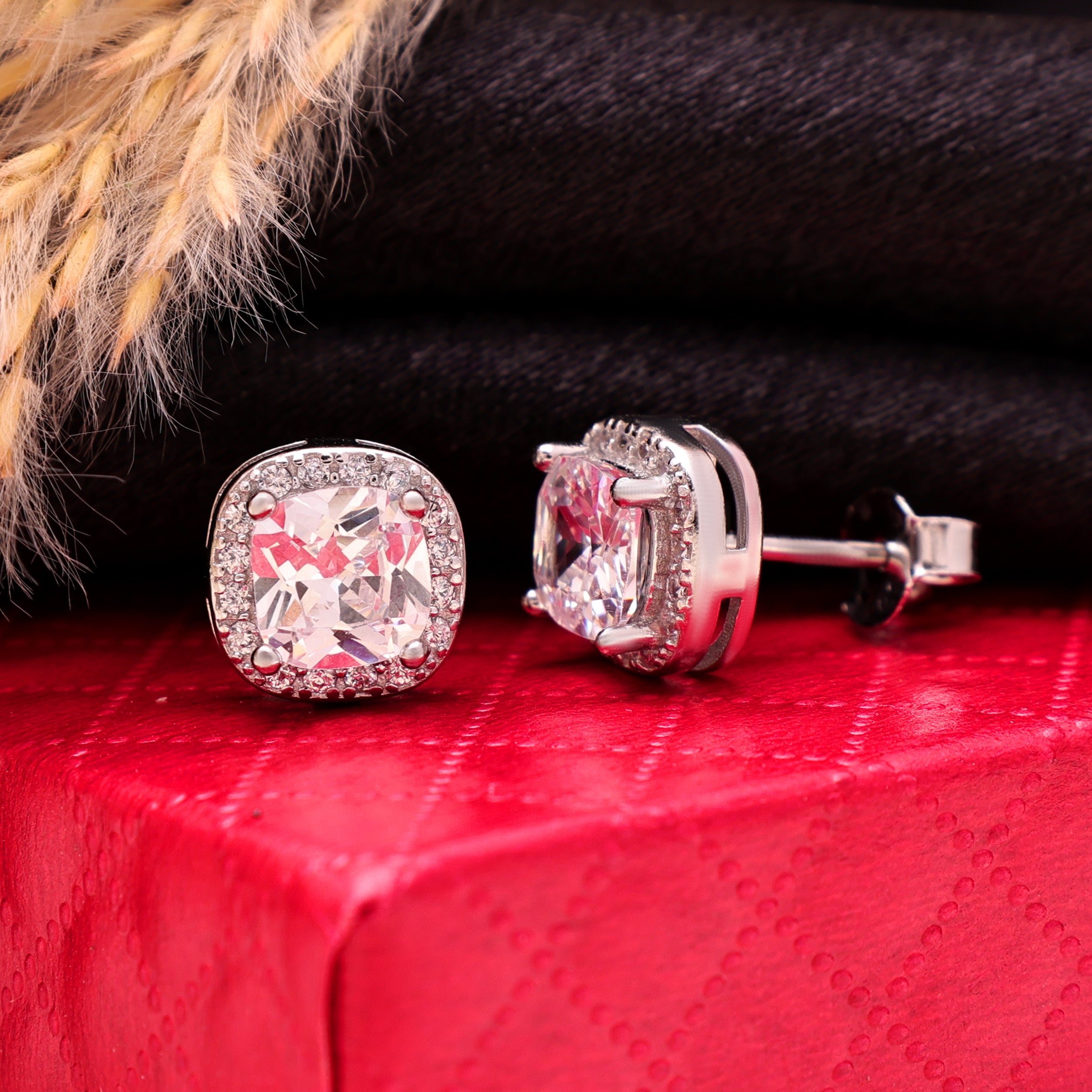 925 Sterling Silver Brilliant Round Cushion Cut Stud Earrings | Halo Earrings