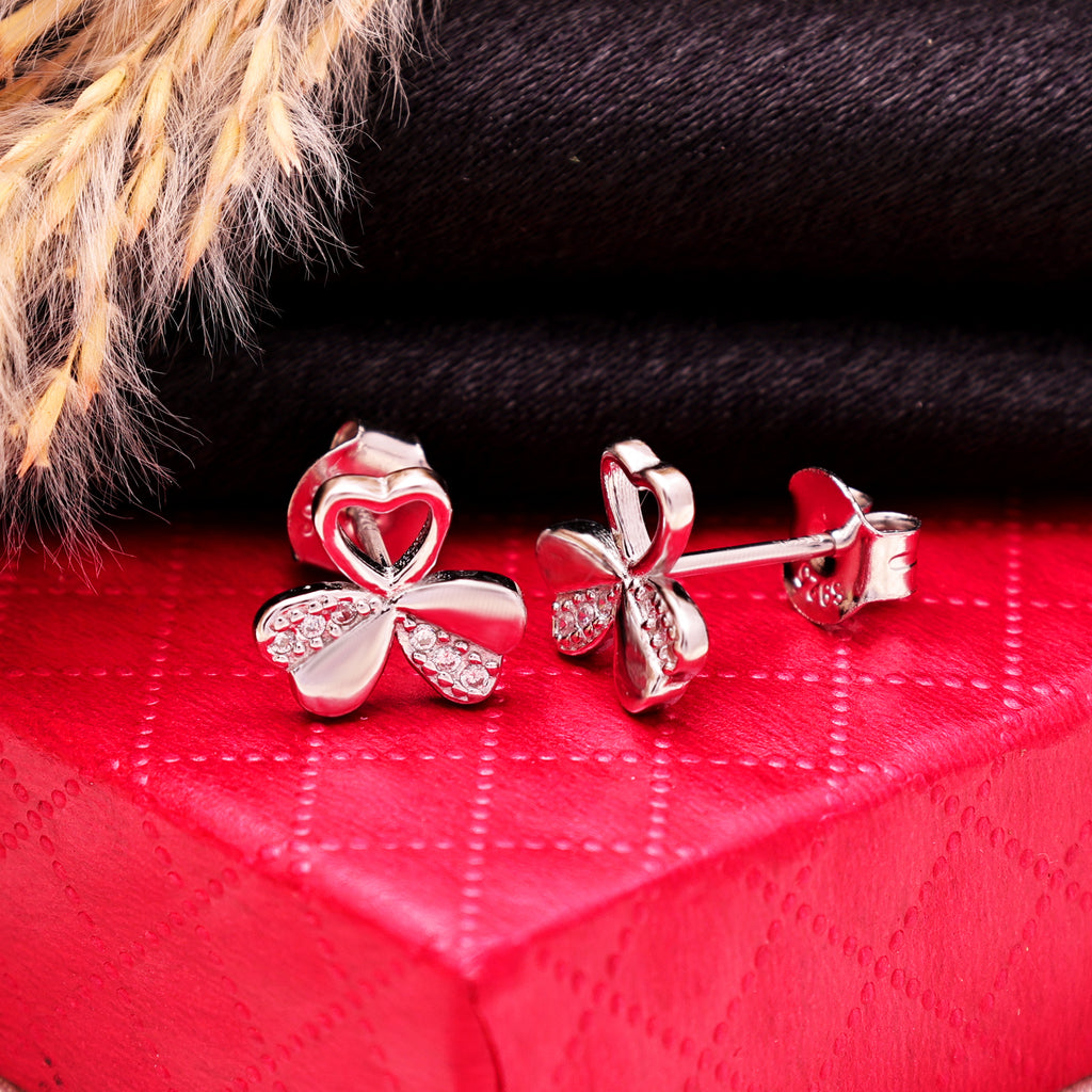 925 Sterling Silver Heart Clover Earrings | CZ Studs | Lucky Charm Gift