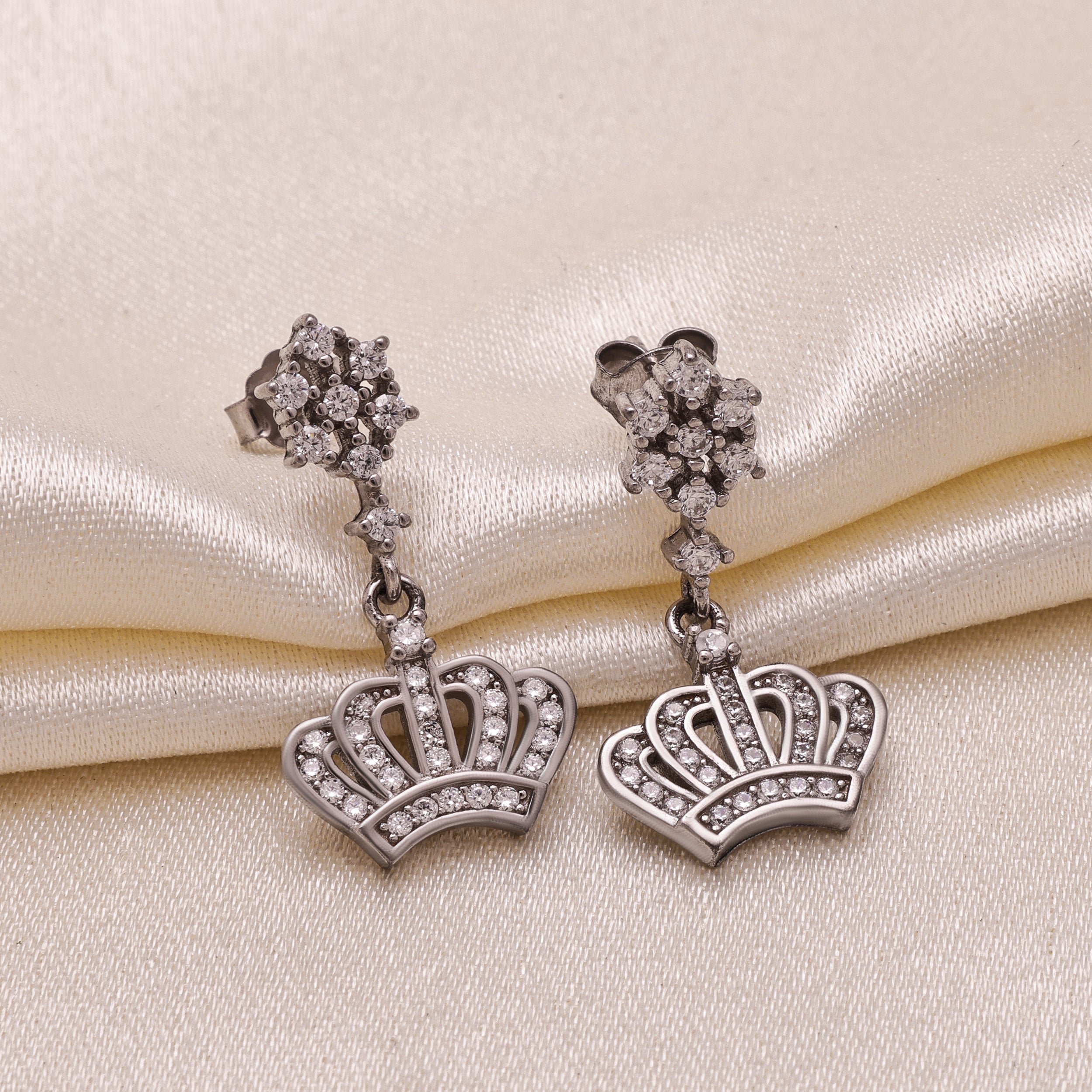 925 Sterling Silver Crown Dangle Earrings | Cubic Zirconia Round Brilliant Cut