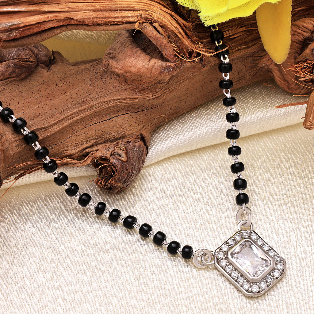 925 Sterling Silver Mangalsutra Chain |Round & Rectangle CZ Pendant