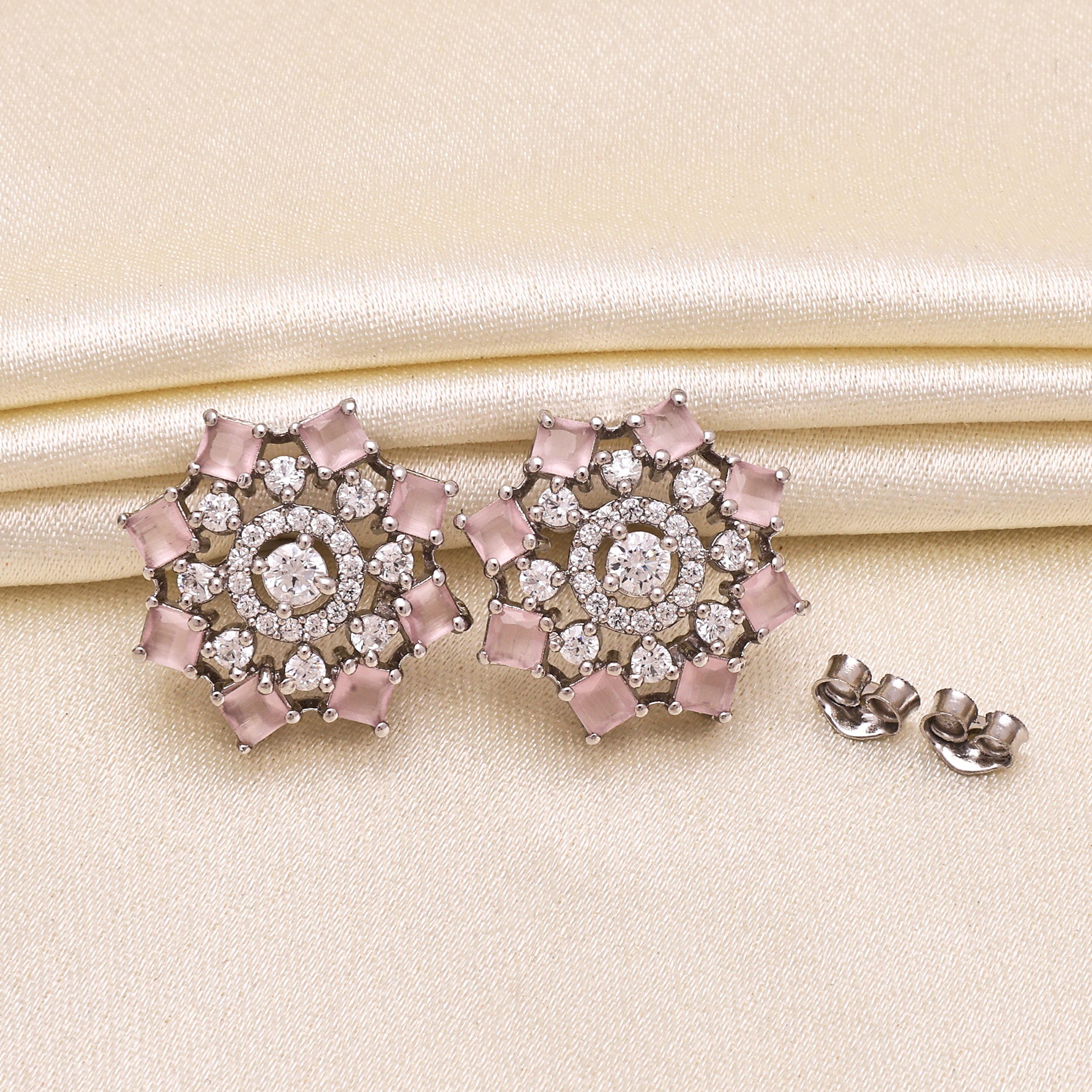 Pink Statement Floral Stud Earrings 925 Sterling Silver CZ | Round Princess Cut