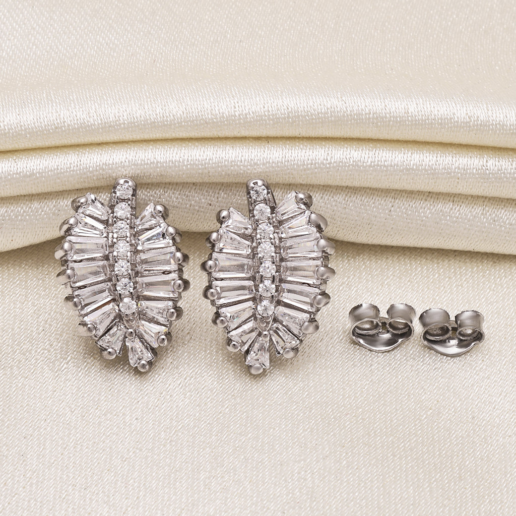925 Sterling Silver Cubic Zirconia Leaf-Shaped Stud Earrings