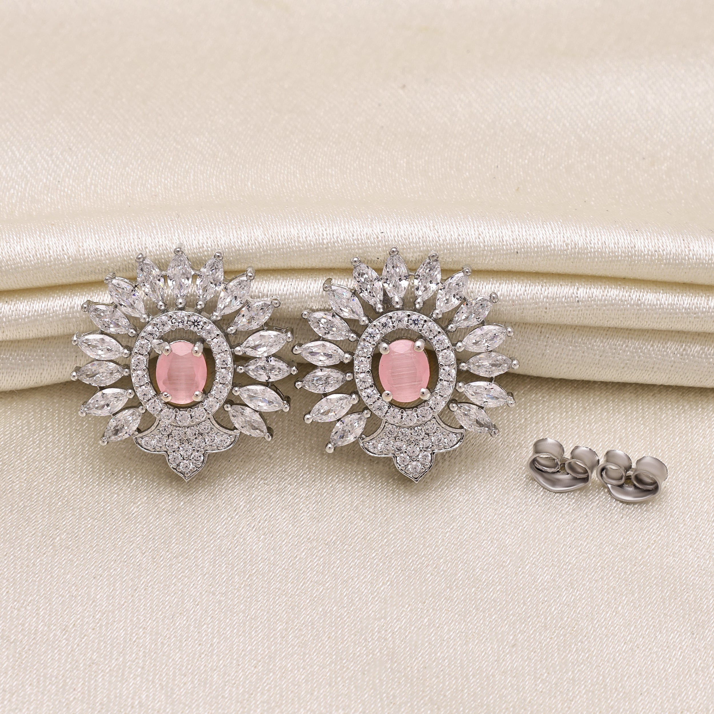 925 Sterling Silver Pink Oval Stud Earrings | Statement Cubic Zirconia Cluster Studs