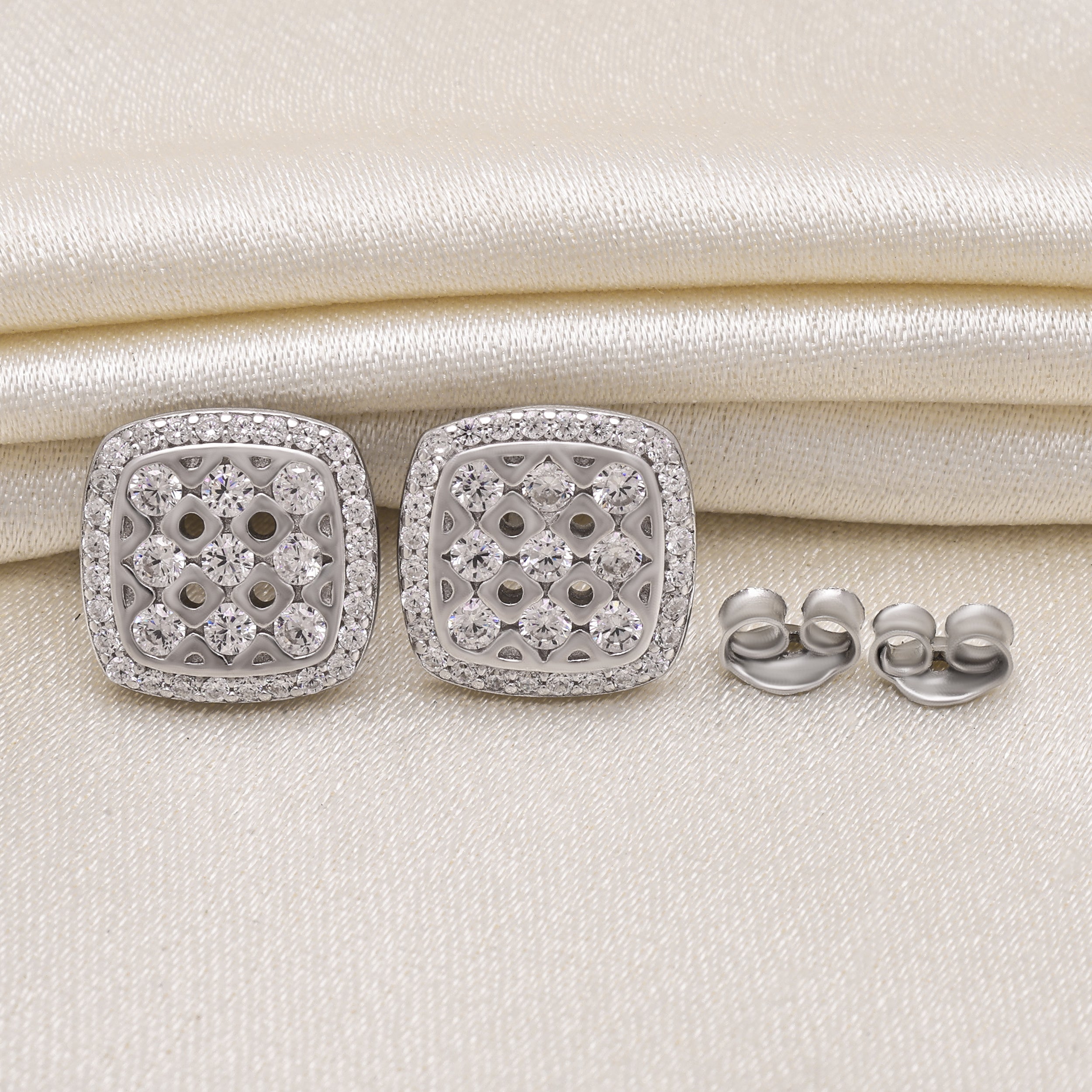 925 Sterling Silver Square Stud Earrings ~Halo CZ Earrings for Women
