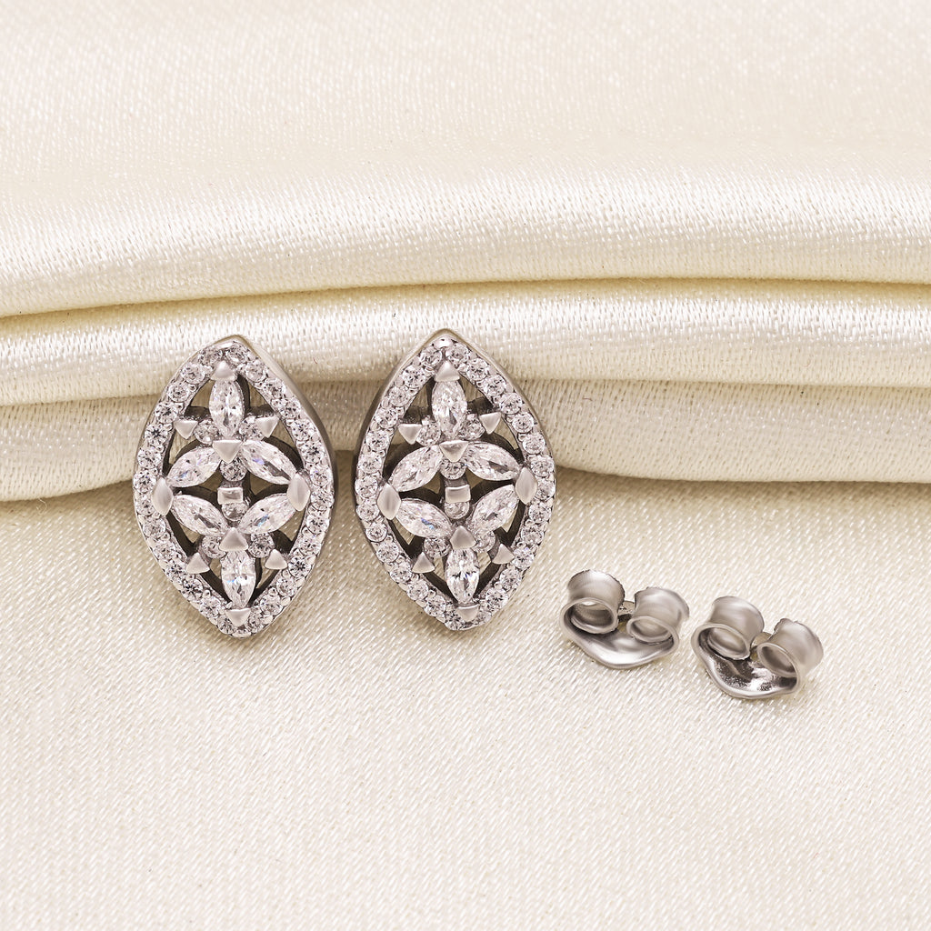925 Sterling Silver Marquise Stud Earrings | CZ Round Brilliant Studs