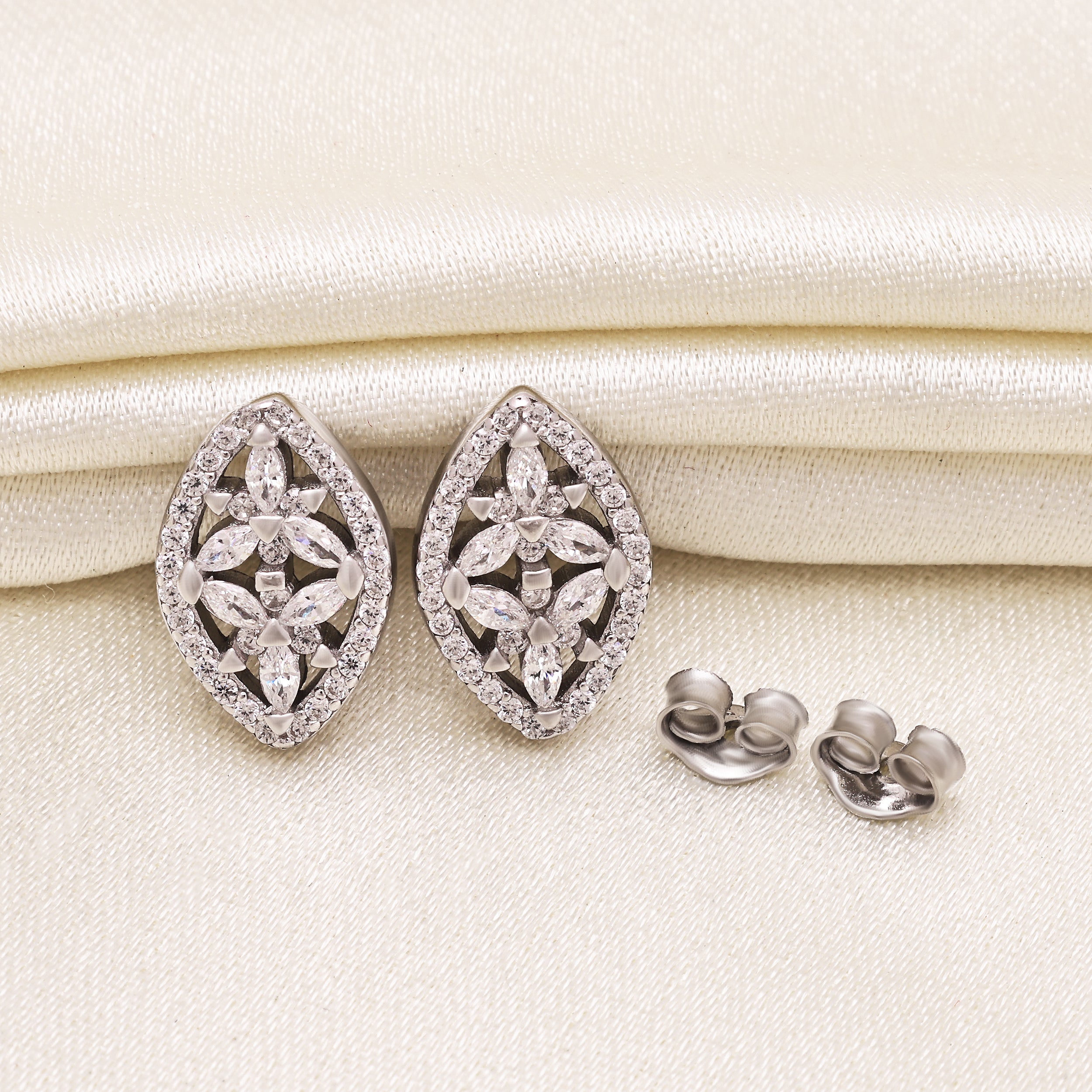 925 Sterling Silver Marquise Stud Earrings | CZ Round Brilliant Studs