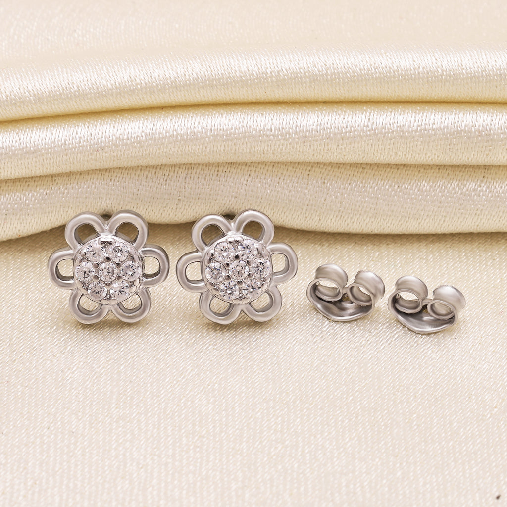 925 Sterling Silver Flower Earrings with Cubic Zirconia, CZ Studs, Delicate Floral Jewelry