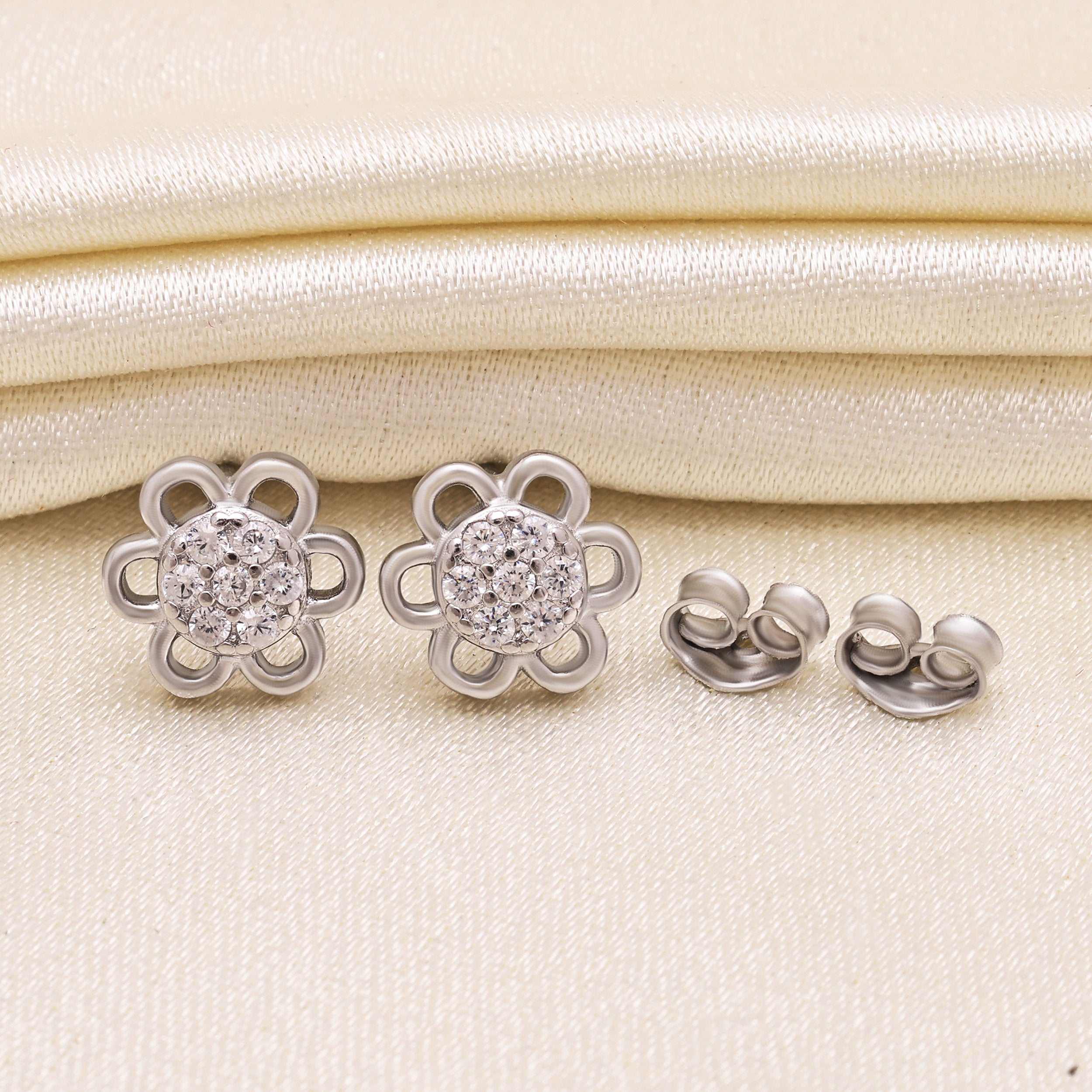 925 Sterling Silver Flower Earrings with Cubic Zirconia, CZ Studs, Delicate Floral Jewelry