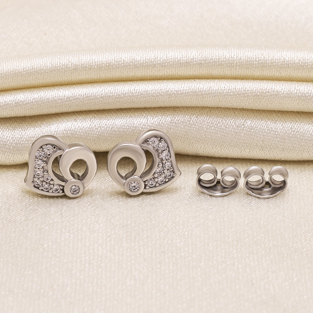 925 Sterling Silver Heart Stud Earrings | Cubic Zirconia Round Cut Studs