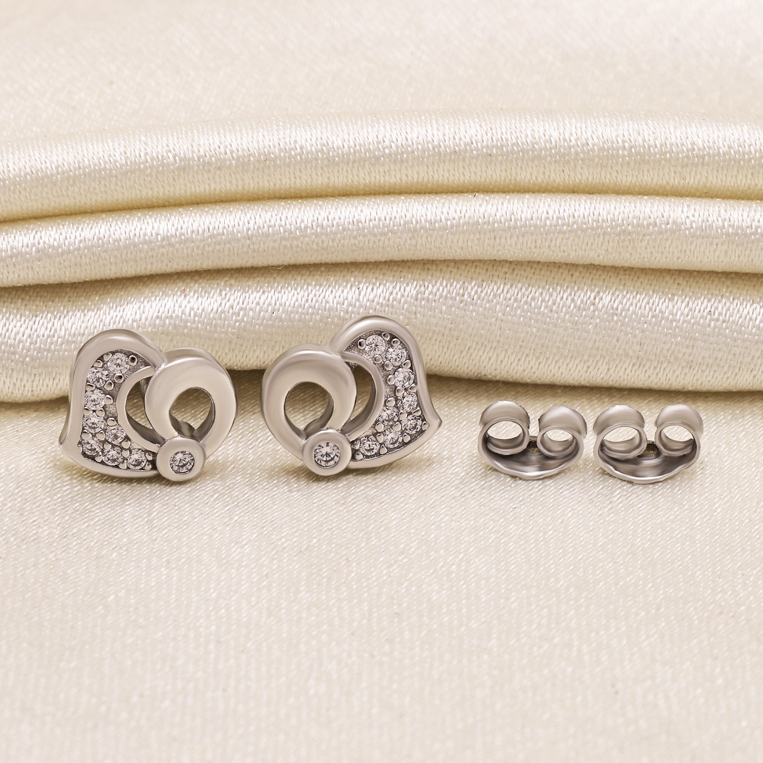 925 Sterling Silver Heart Stud Earrings | Cubic Zirconia Round Cut Studs