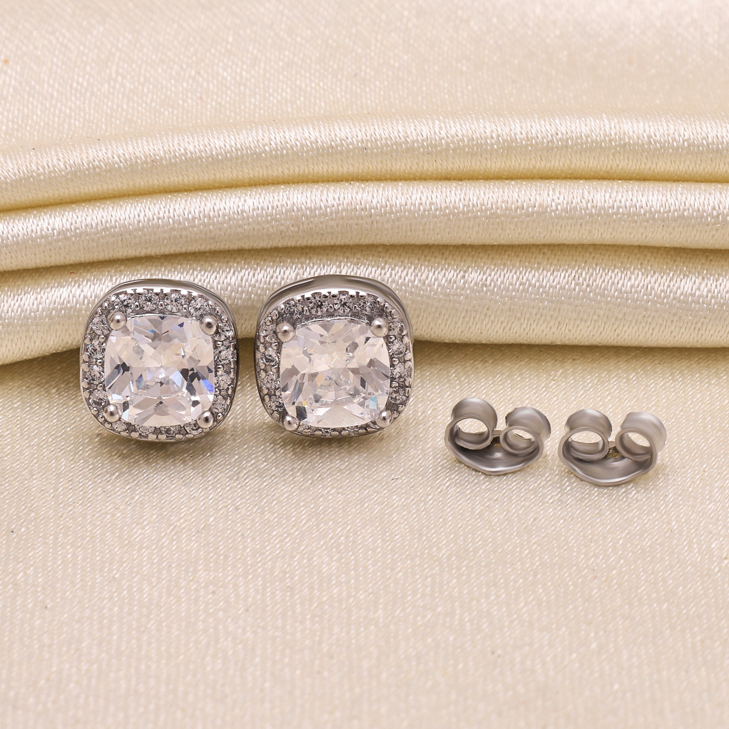 925 Sterling Silver Brilliant Round Cushion Cut Stud Earrings | Halo Earrings