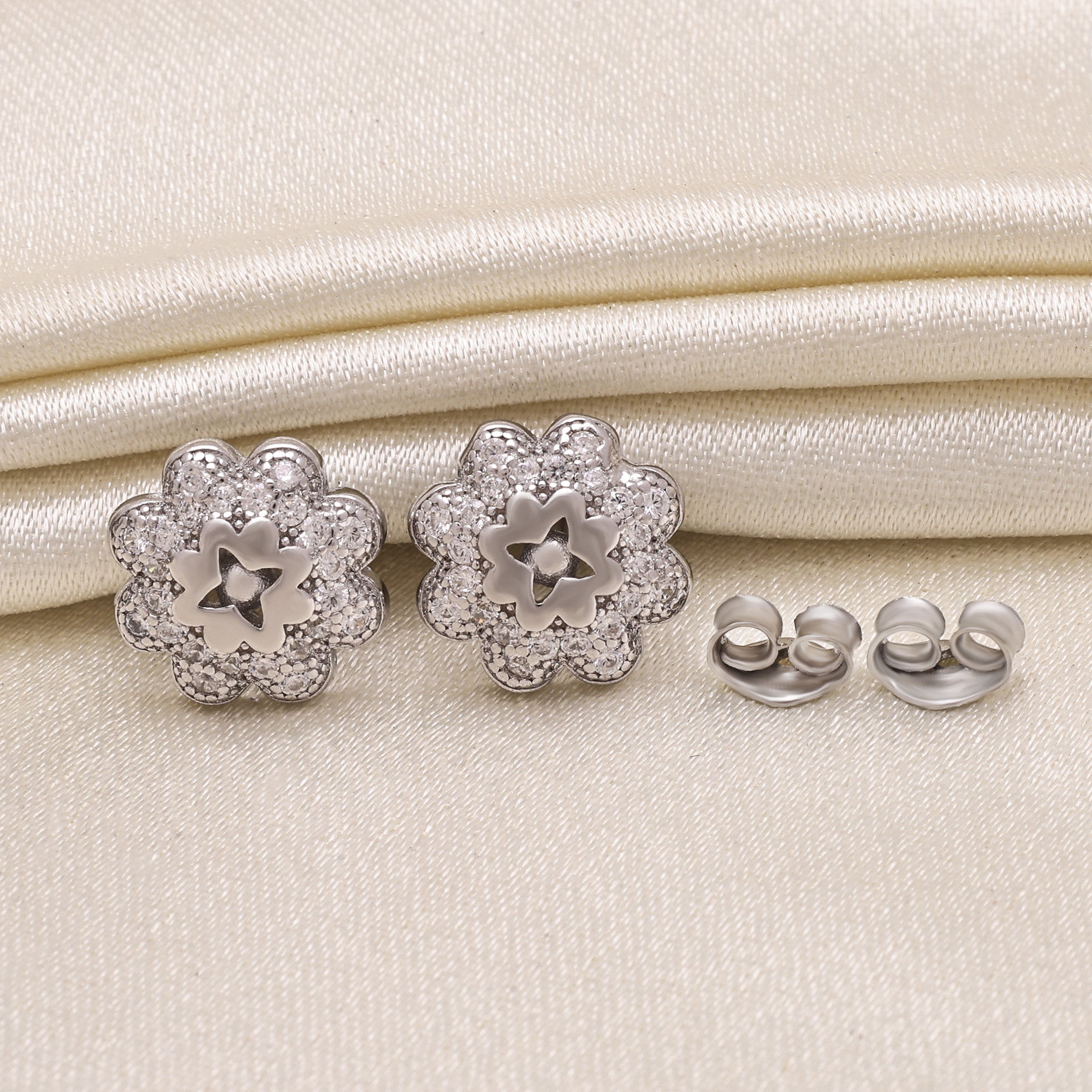 Floral Stud CZ Earrings in 925 Sterling Silver -Statement Studs