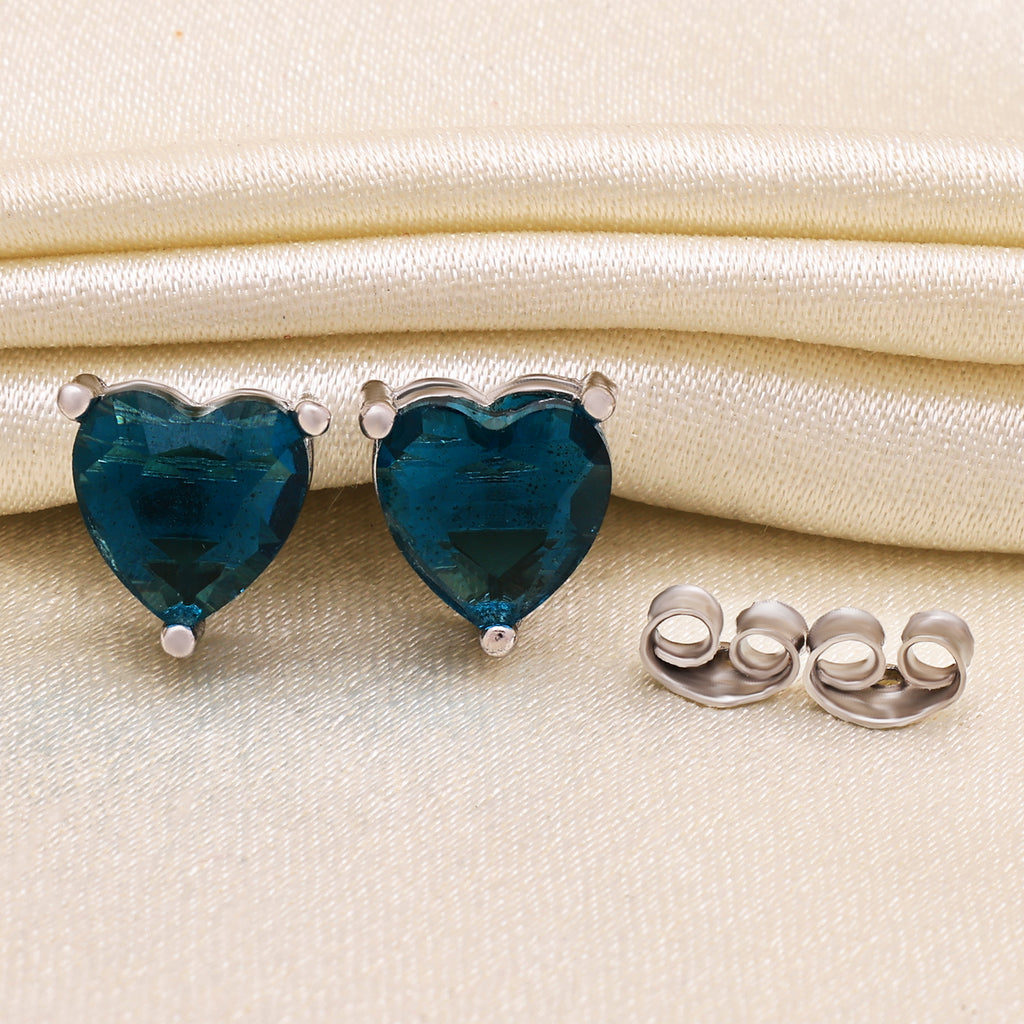 925 Sterling Silver Heart Stud Earrings | Teal Blue Cubic Zirconia Studs